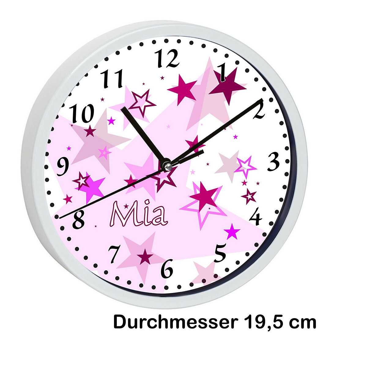 Kinder Wanduhr laufruhig personalisiert mit Name Sternenhimmel Rosa