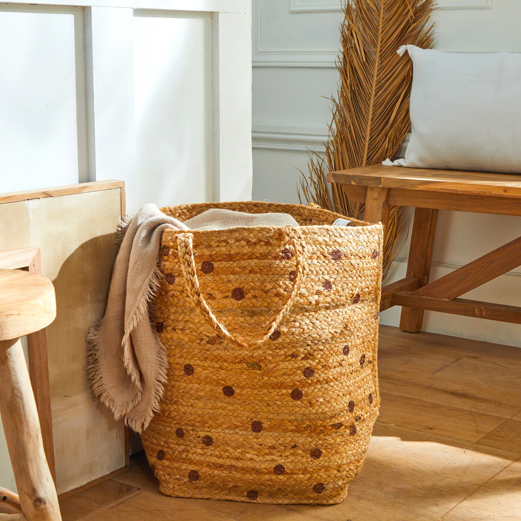 Panier jute tressé naturel / pois cuivre
