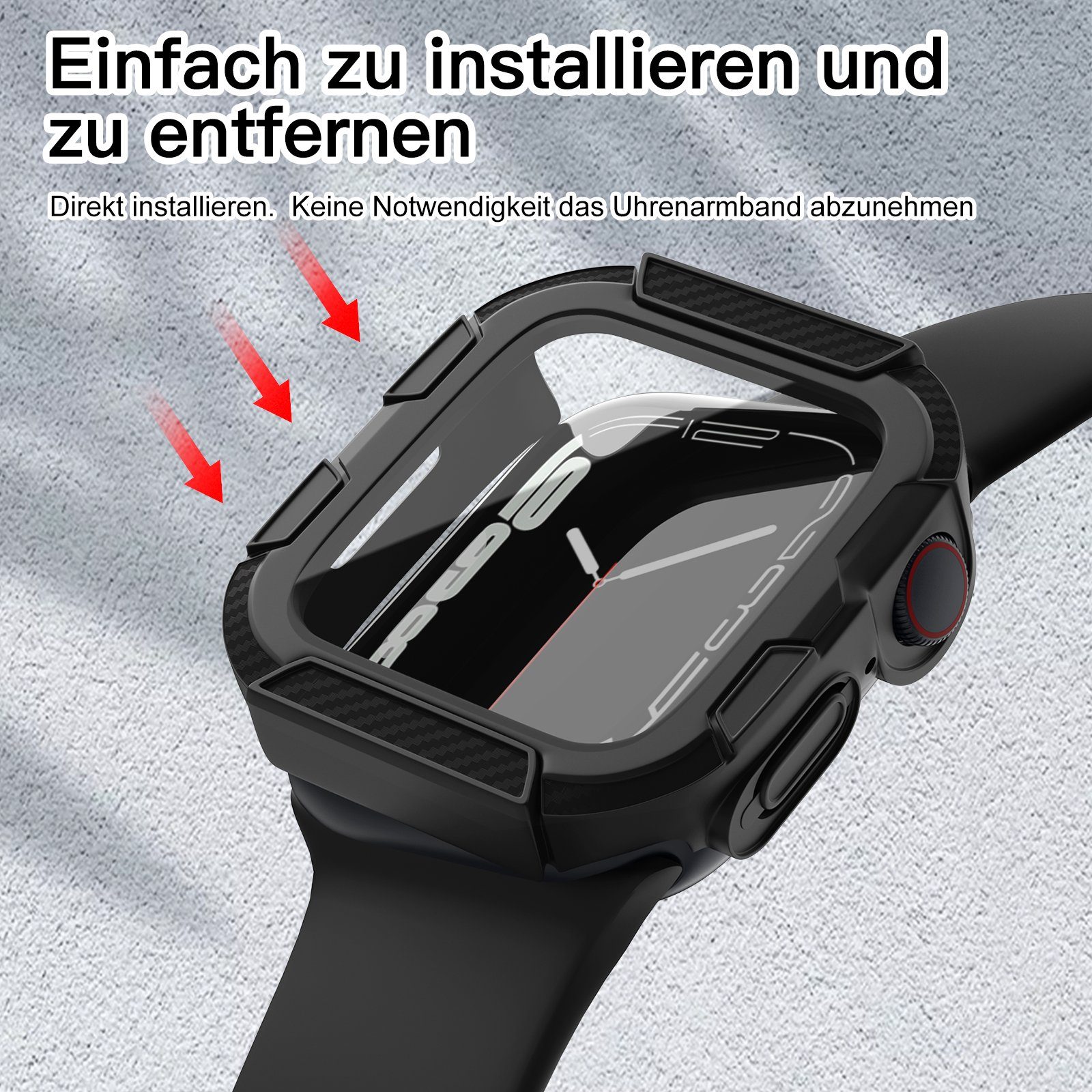 edimens Smartwatch-Hülle Schutzhülle für Apple Watch 9 8 7 45mm Stoßfest Kratzfest Glasfolie 45mm, Gehäuse und Membran sind integriert, schützen Sie Ihre Uhr rundum