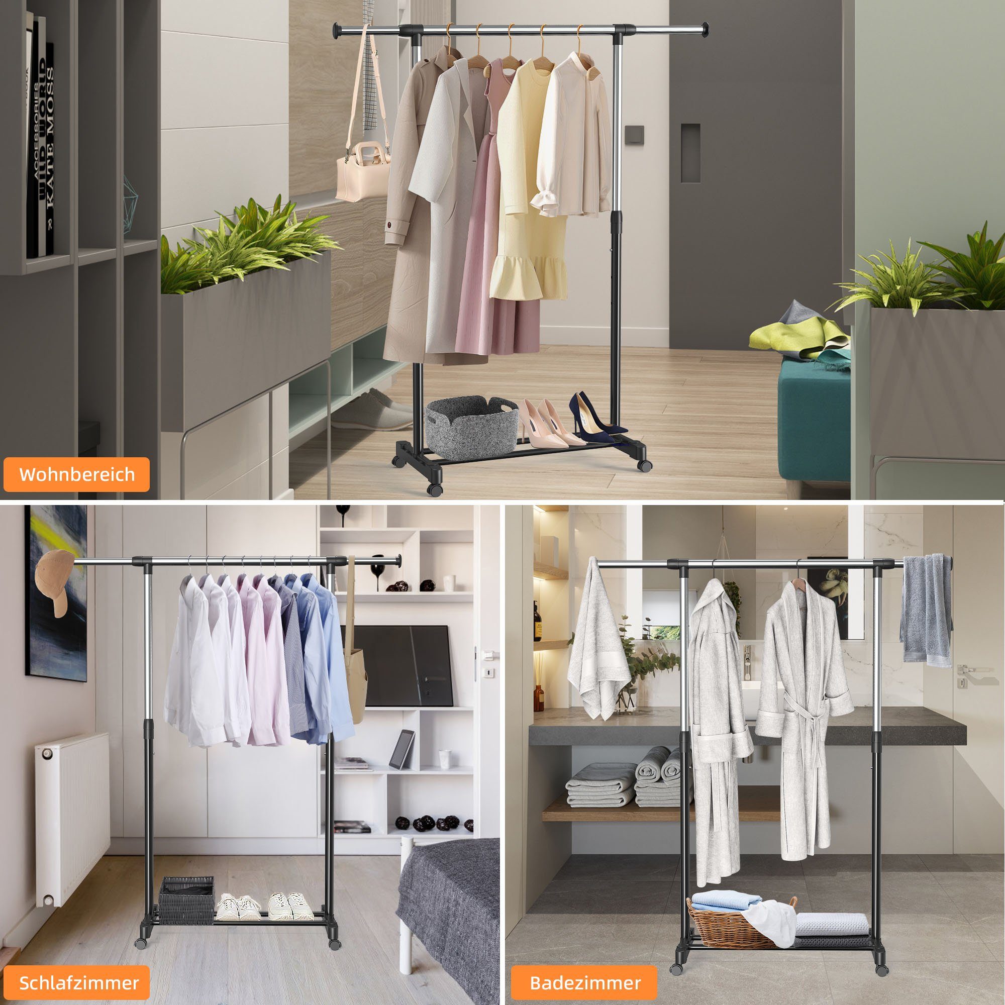 NEFOSO Garderobenständer Bodenstehender mit rollen, schlafzimmer garderoben, 30 kg belastbar, ausziehbar(90-149cm)& Höhenverstellbar, kleiderständer Metall, schwarz