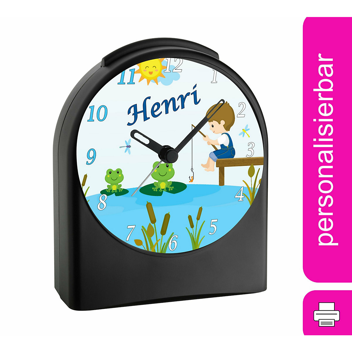 Kinder Funkwecker personalisiert mit Namen Froschteich Atom-/Funkuhr, 12-Stunden-Anzeigeformat, Schlummerfunktion, Nachtlicht, Geräuschlos/Ohne Ticken