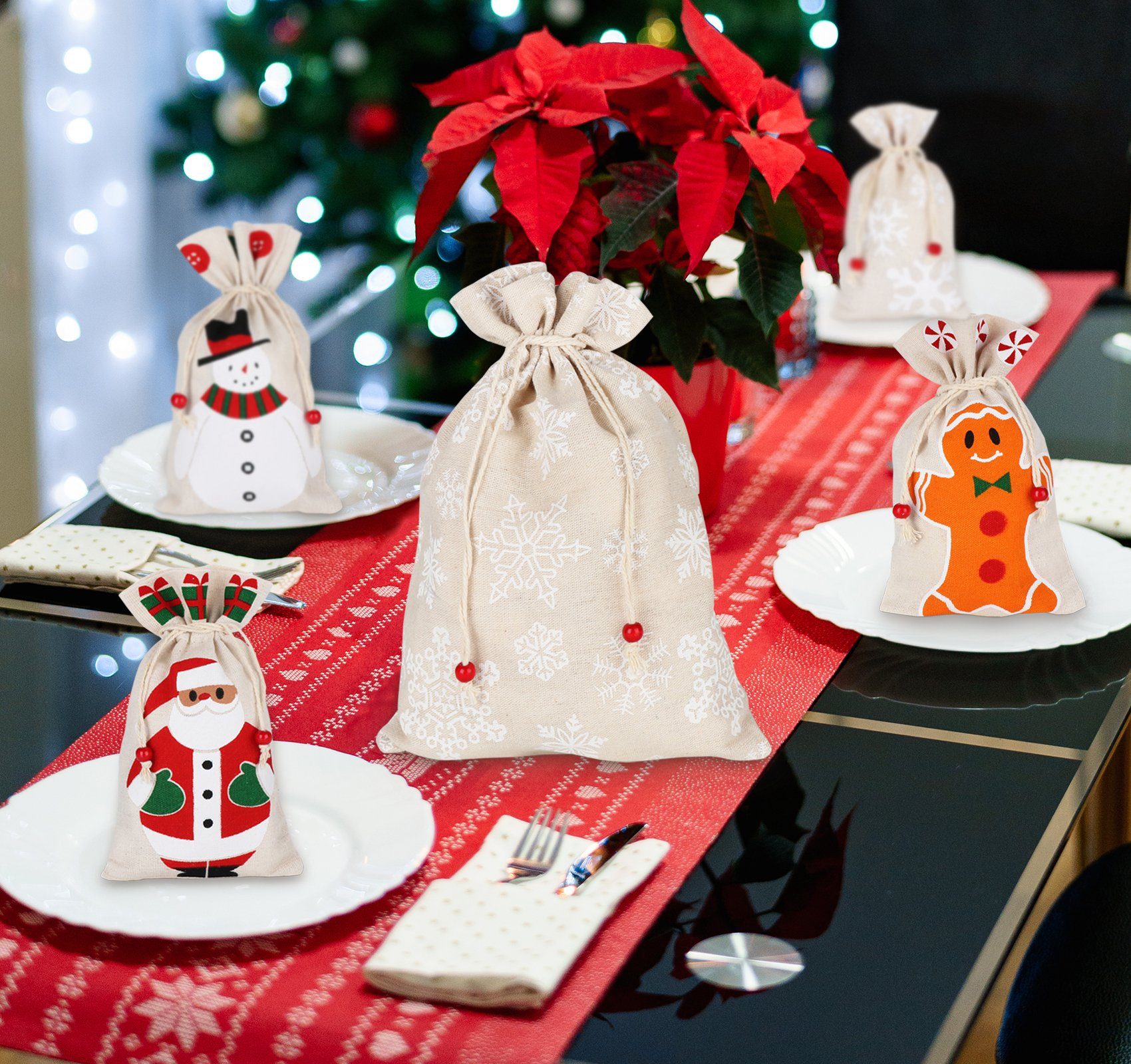 Homewit Christbaumschmuck Geschenksäckchen zu Weihnachten mit Zugband (5-tlg), Ideal zum Verpacken von Geschenken