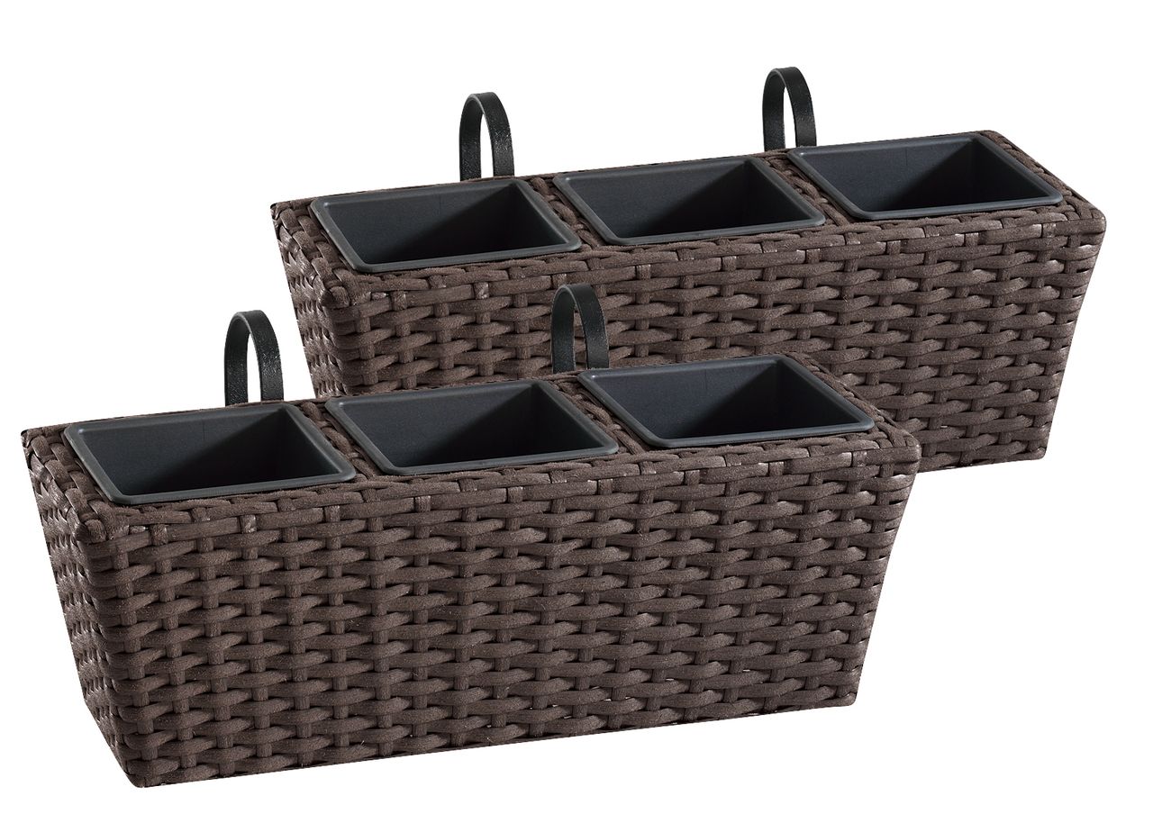 Weles Polyrattan Balkonkasten 2 Stück inkl. Aufhängung, 47 x 17 x 15 cm, 3er Kunststoffeinsatz, mocca