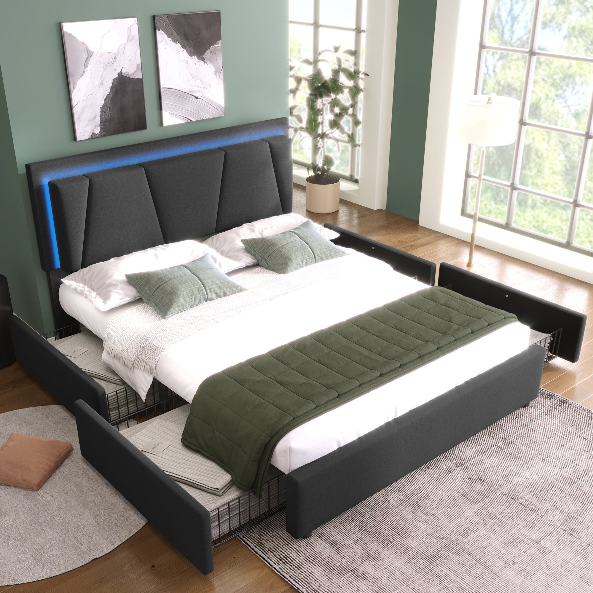 HAUSS SPLOE Polsterbett Polsterbett Doppelbett Funktionsbett Bettrahmen mit Schubladen, Doppelbett 140x200cm Lattenrost aus Holz, Grau(Ohne Matratze)
