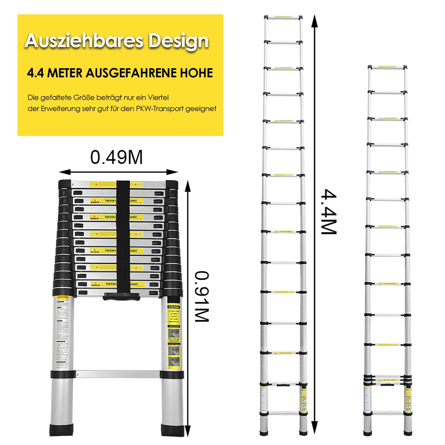Gimisgu Teleskopleiter Teleskopleiter Alu 4.4m Ausziehleiter Silber Anlegeleiter