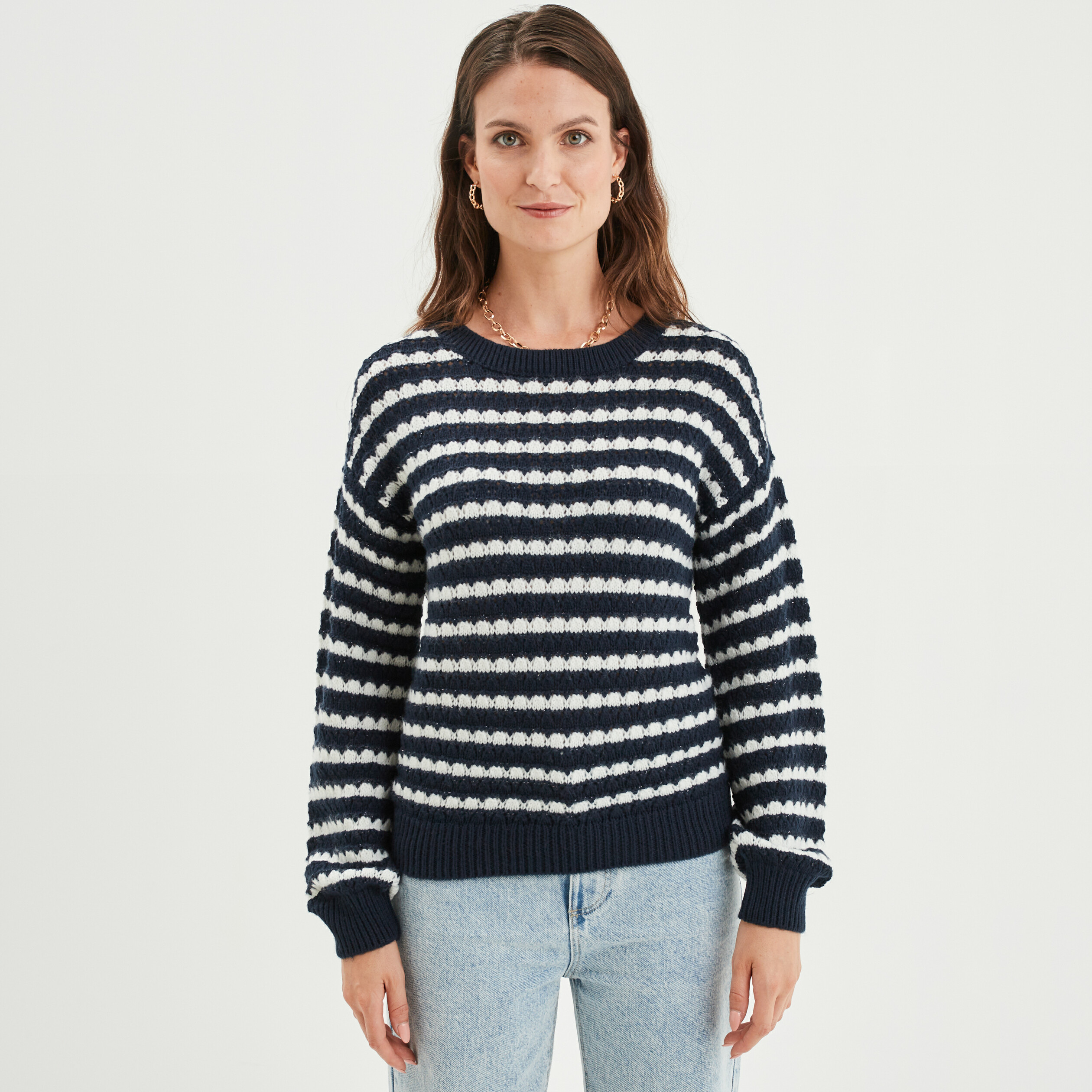 Pull col rond fils métallisés Creeks bleu marine femme | La Halle