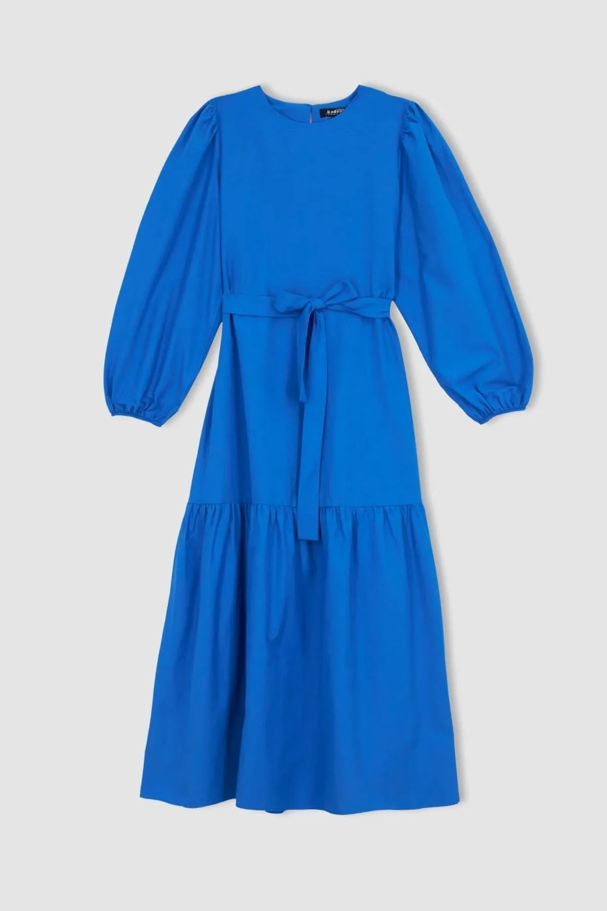 DeFacto  Langärmliges Popeline-Maxikleid mit Rundhalsausschnitt und Taillenschnürung