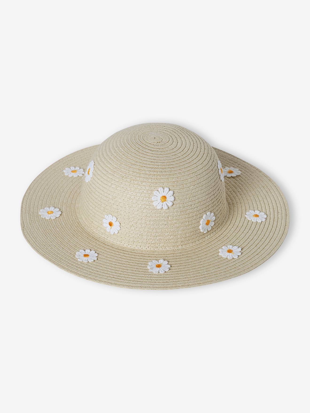 Chapeau aspect paille avec marguerites fille sable