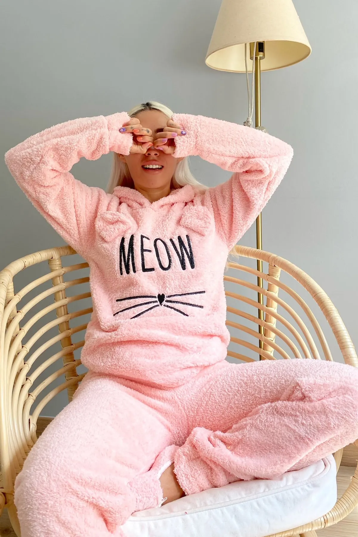 Pijamaevi  Lachs-Meow-gemustertes Vollplüsch-Pyjama-Set