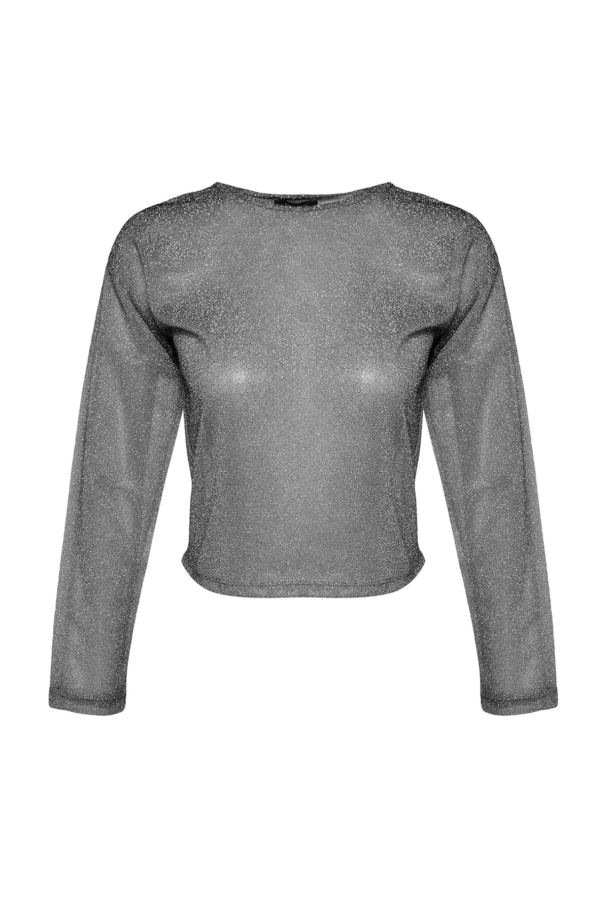 Trendyol Collection  Schwarze Lurex-Strickbluse mit Rundhalsausschnitt, reguläre/normale Passform, transparenter Tüll TWOAW24BZ00019