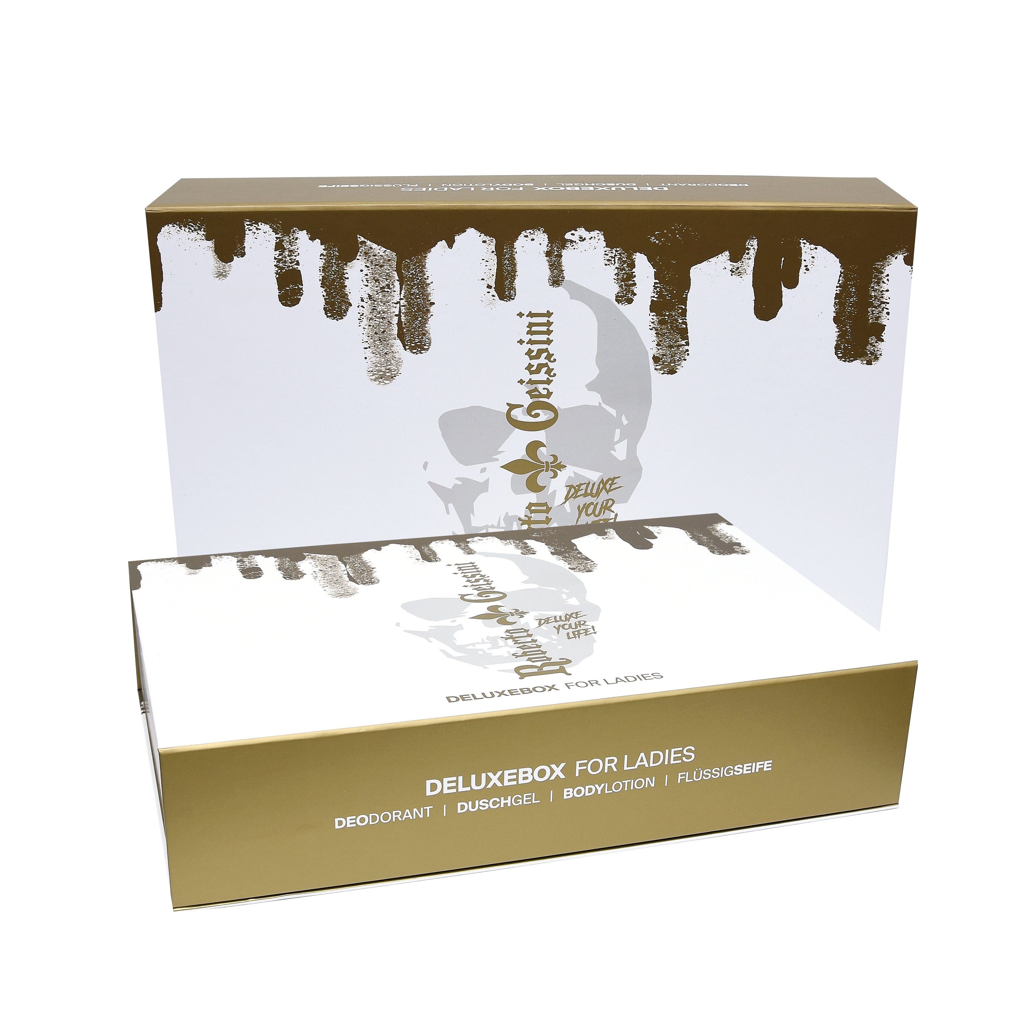Roberto Geissini Pflege-Geschenkbox Deluxe Geschenkbox LADIES GOLD, Körperpflege Set 4 tlg. für Sie Set, 4-tlg., Deo 150ml, Duschgel 150ml, Bodylotion 150ml, Flüssigseife 300ml
