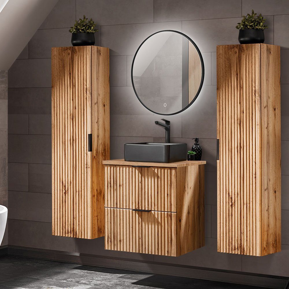 Lomadox Badmöbel-Set ADELAIDE-56, (4-St), Eiche Rillenoptik Spiegel Waschbeckenschrank Waschbecken Hochschränke