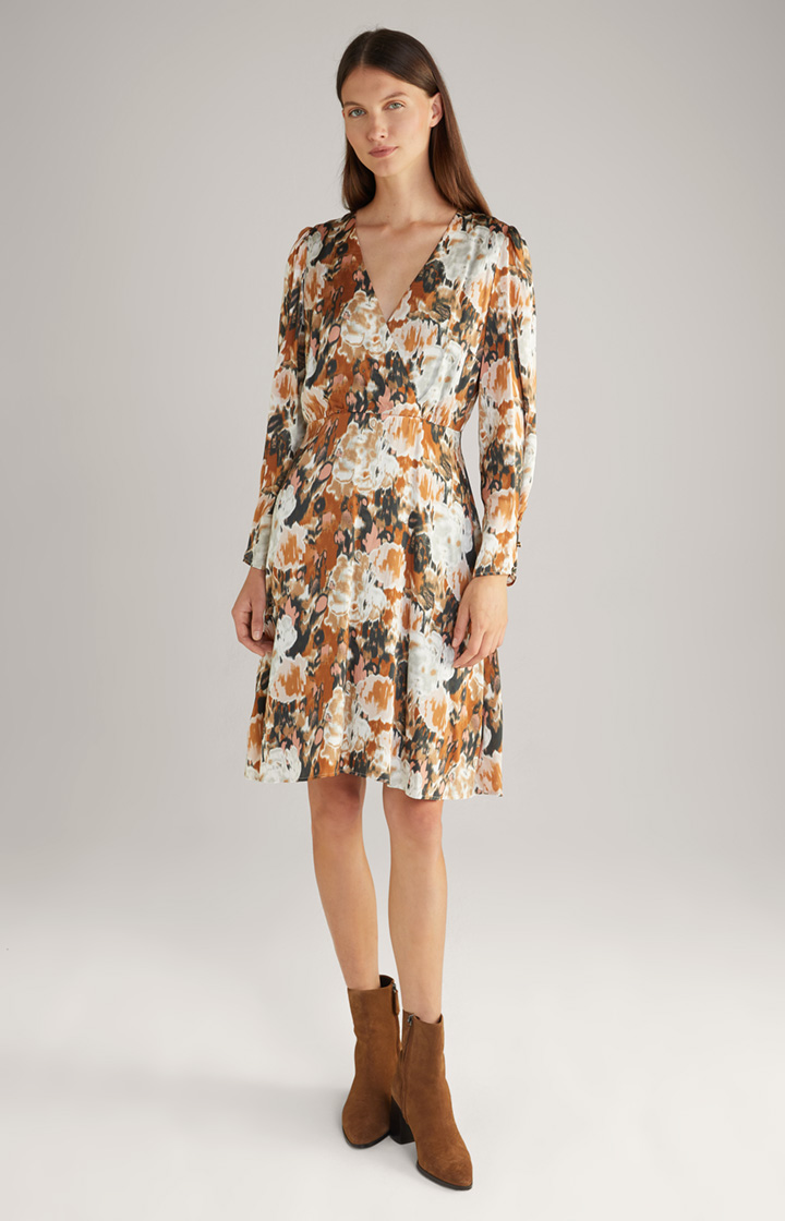 Satin-Kleid in Braun/Schwarz/Ecru gemustert