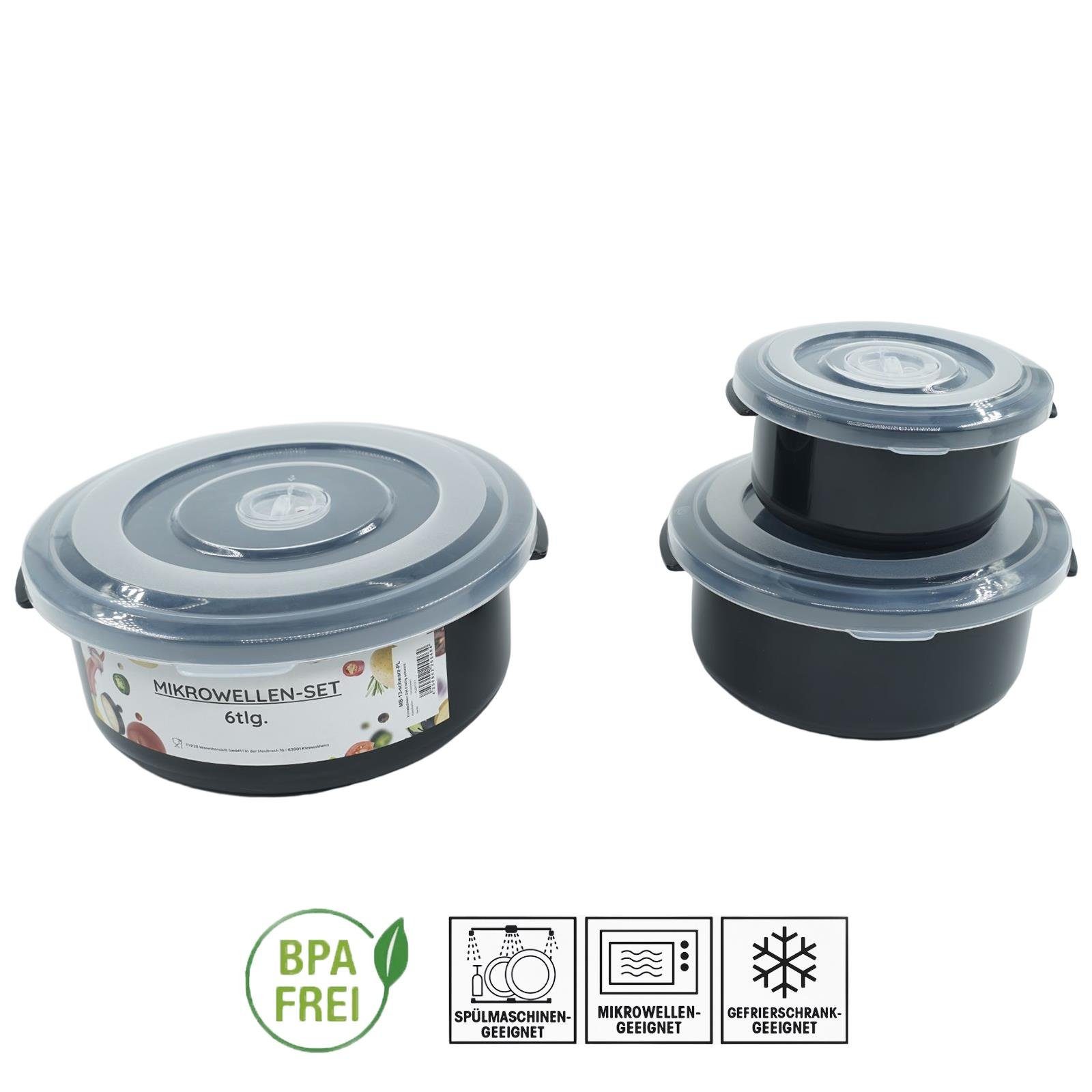 Plentyfy Mikrowellenbehälter Vorratsdosen Set, Kunststoff, (PLENTYFY, Mikrowellenschüssel Set 6-tlg., rund, Schwarz, mit Entlüftung, Mikrowellengeschirr, Mikrowellendose, Microwave, Meal Prep, kunststoff, 6-tlg., Premium), Meal Prep Boxen - Mikrowell