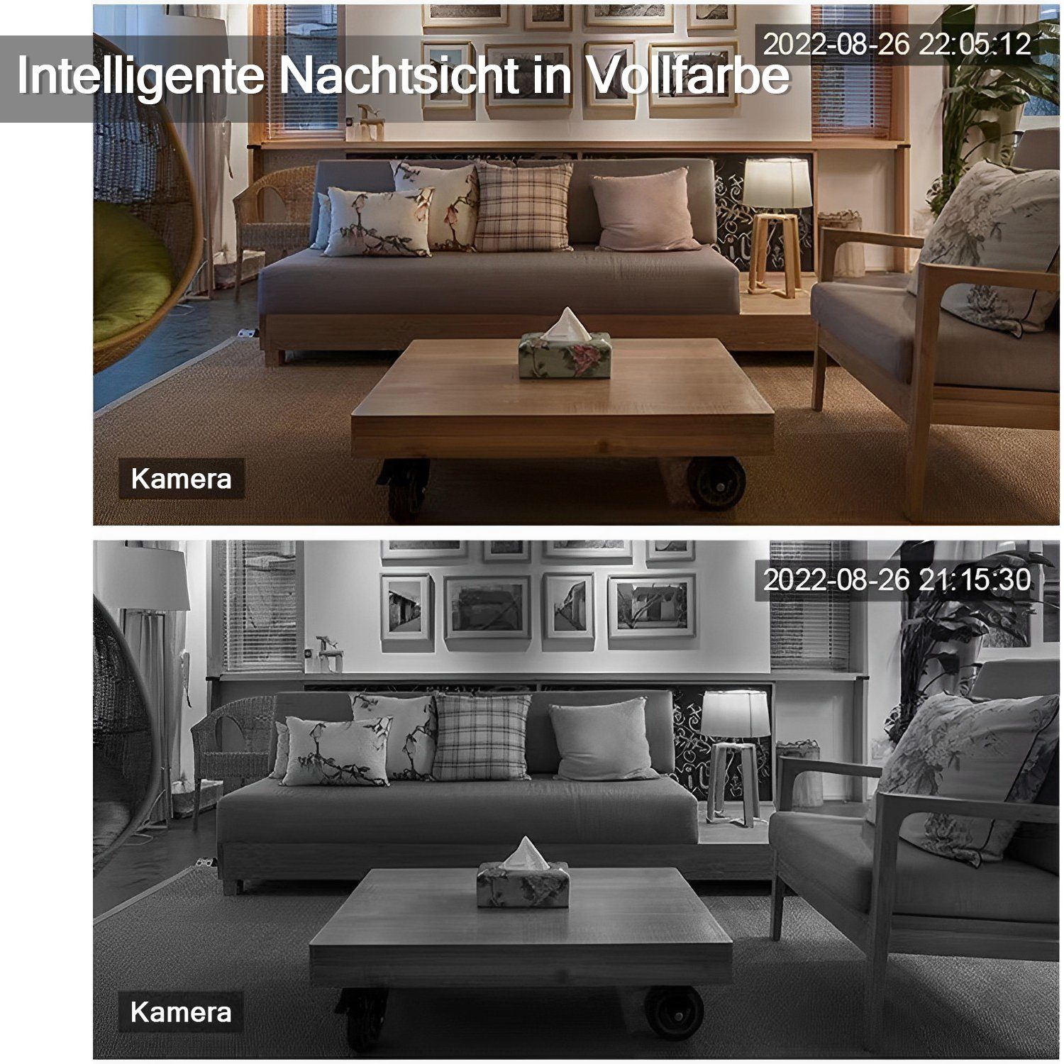 Kpaloft 355°-WLAN Überwachungskamera (für den Innenbereich, FHD 1080P Dual-Kamera, 90° verstellbar, Nachtsicht, Bewegungserkennung, APP, Zwei-Wege-Audio, Ton- und Lichtwarnung, für Babys/Haustiere)