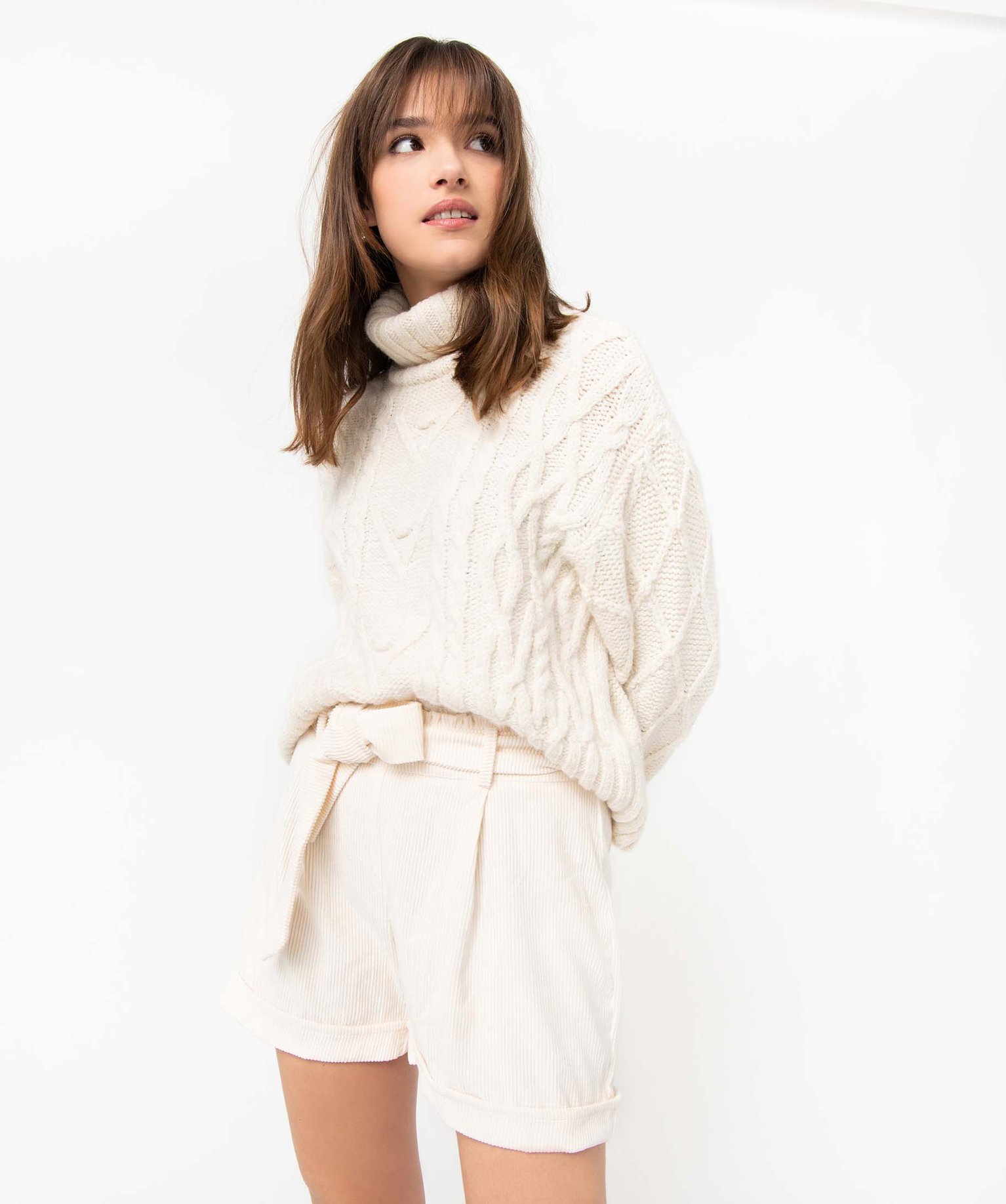Short femme en velours ctelé coupe large ecru | GEMO
