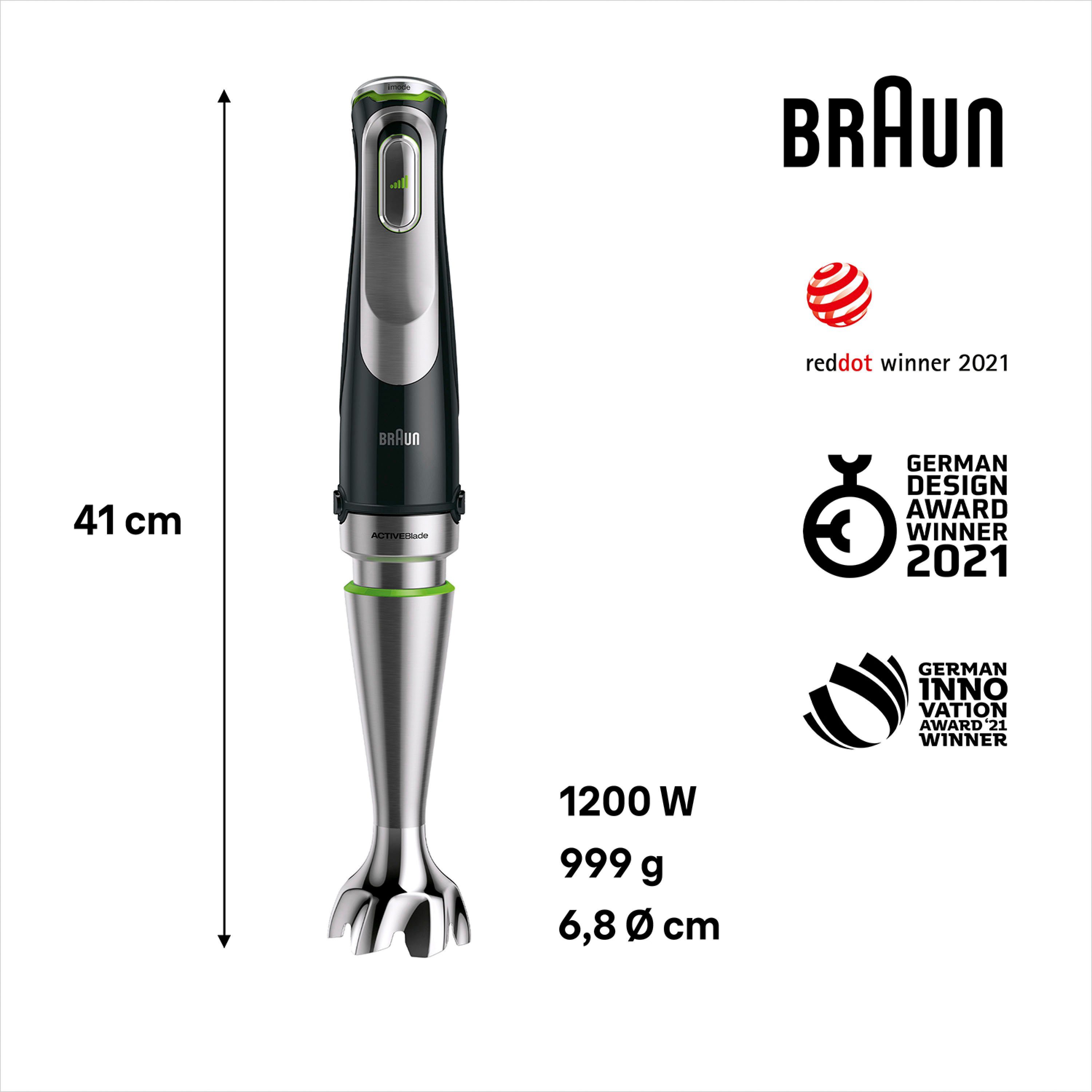 Braun Stabmixer MQ 9147X MultiQuick 9, 1200 W, Schneebesen, Mixeraufsatz, Zerkleinerer, Gemüsestampfer, 0,6l Behälter