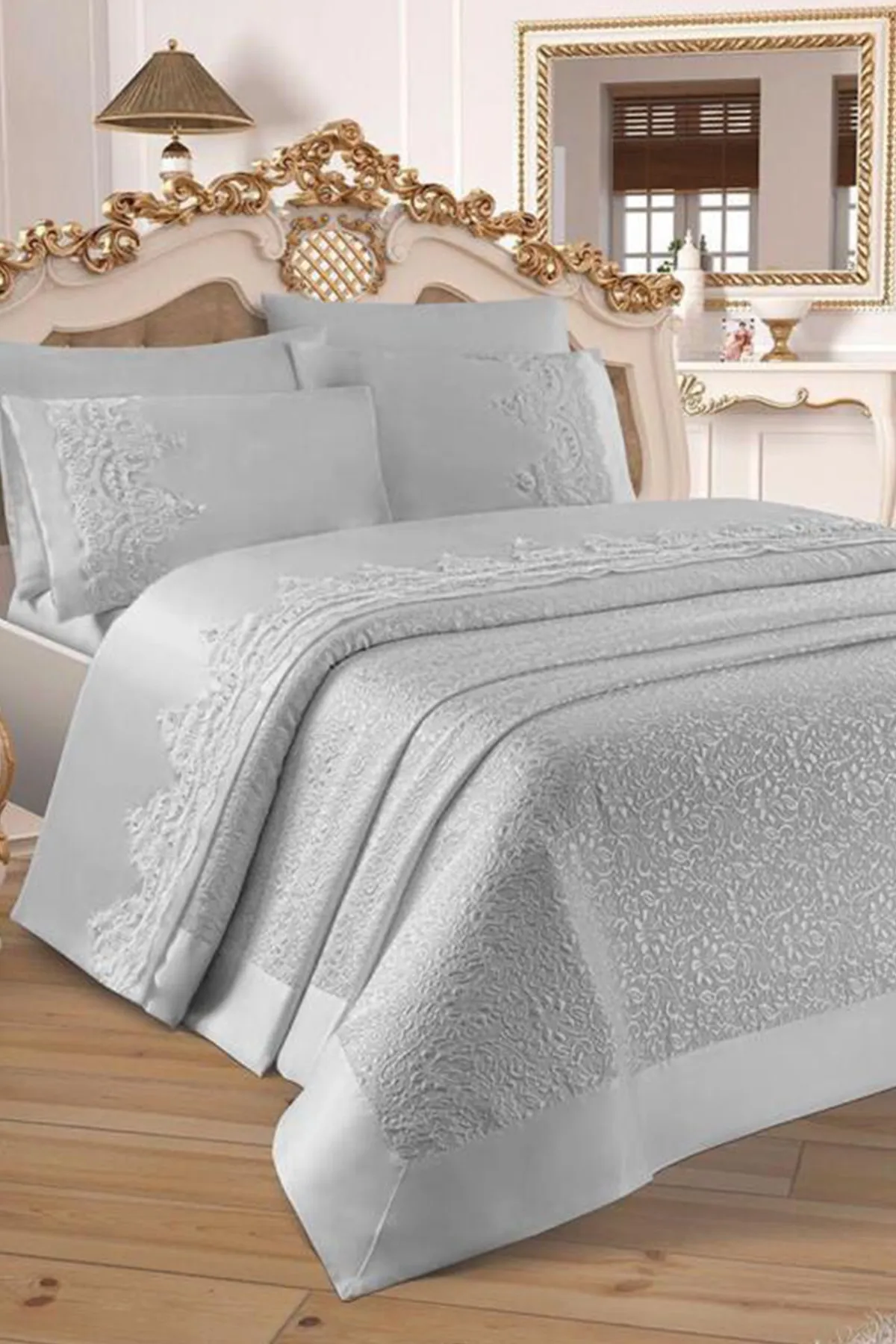 Çeyiz Diyarı  Çeyizdiyari French Guipure Diana Pique Set Grau