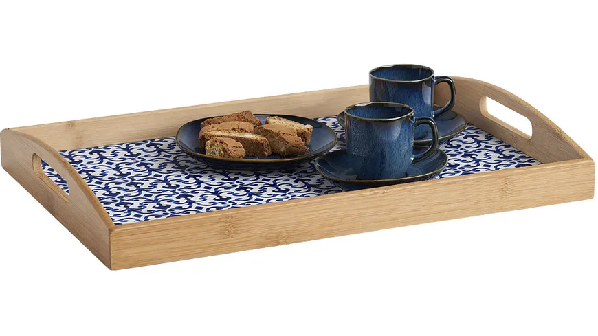 zeller Serviertablett 44x30x5,5cm natur weiß / blau dekor