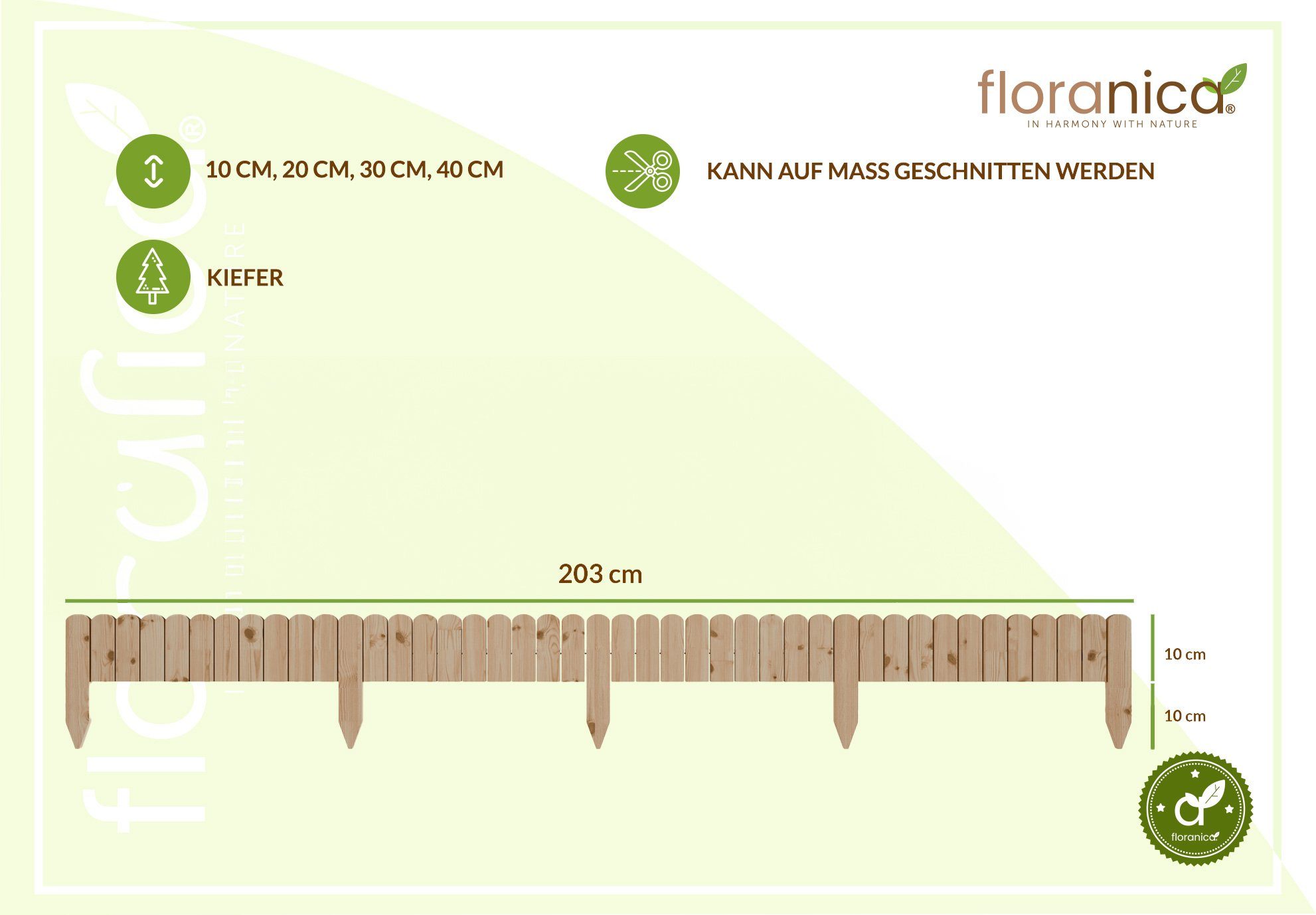 Floranica Beetbegrenzung, Rollborder Flexibler Holzzaun 203cm (kürzbar) Höhe: 10cm Unbehandelt
