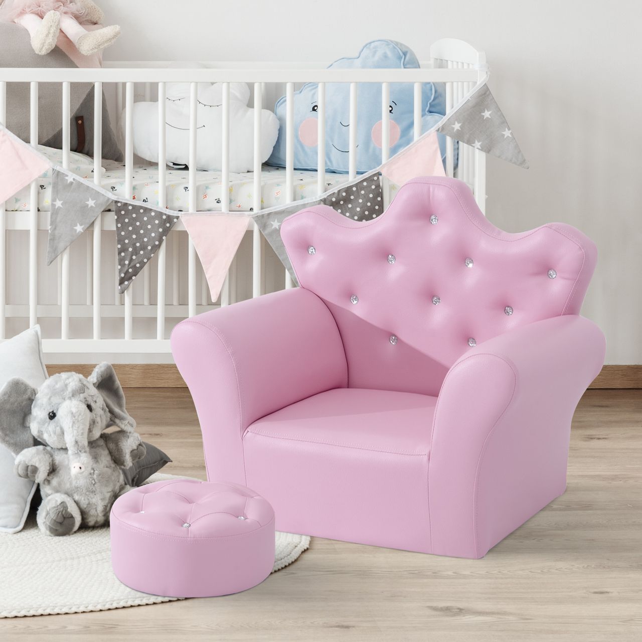 HOMCOM Kindersofa mit Ottomane Kindercouch in Kronenform Kindersessel Rosa