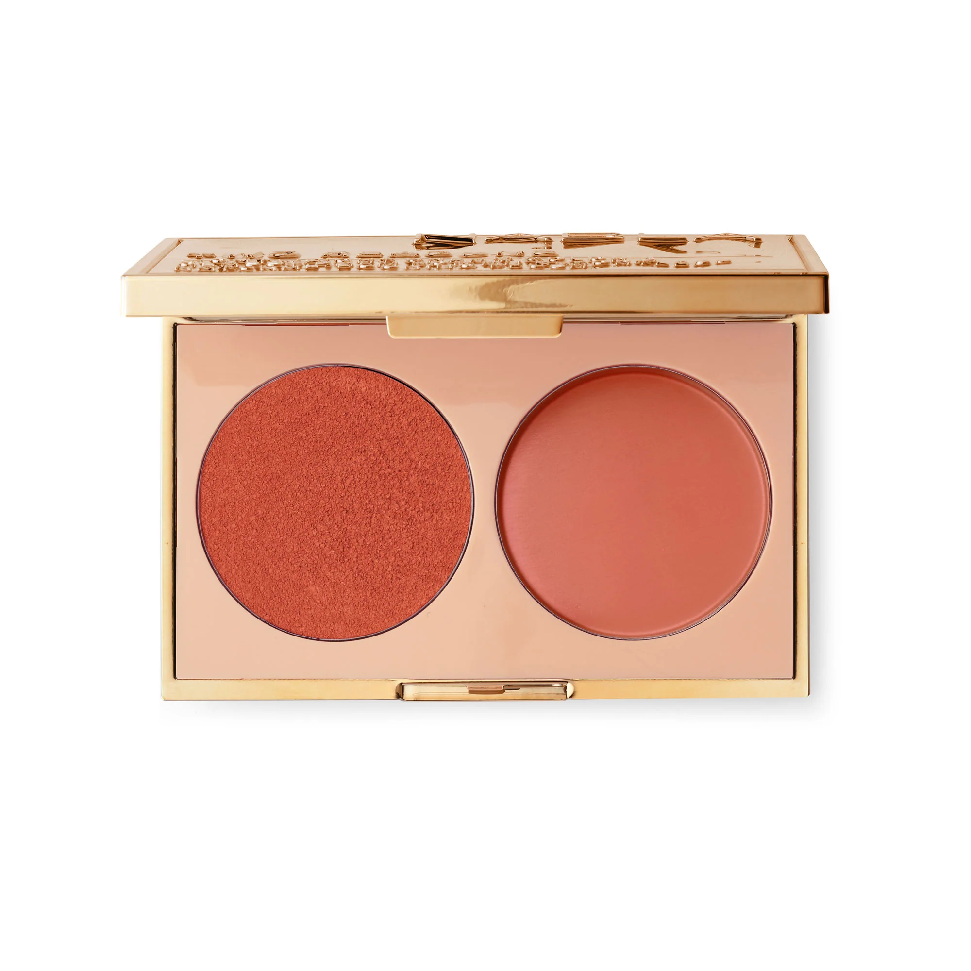 Dos razones para el rostro: paleta de maquillaje, colorete compacto, iluminadores y labiales.