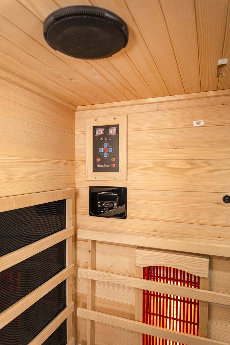 PureHaven Infrarotkabine 120x105x190 cm aus Pacific Coast Hemlock-Holz Bluetooth-Soundsystem Timer Lichttherapie in 4 Farben digitale Steuerung