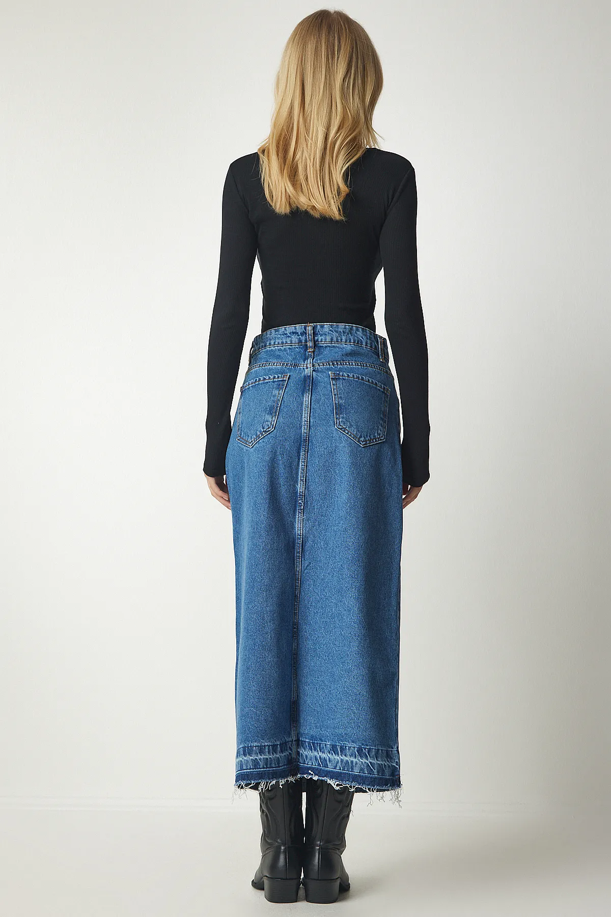 Happiness İstanbul  Blauer Jeansrock mit Schlitz und Quasten für Damen OK00060