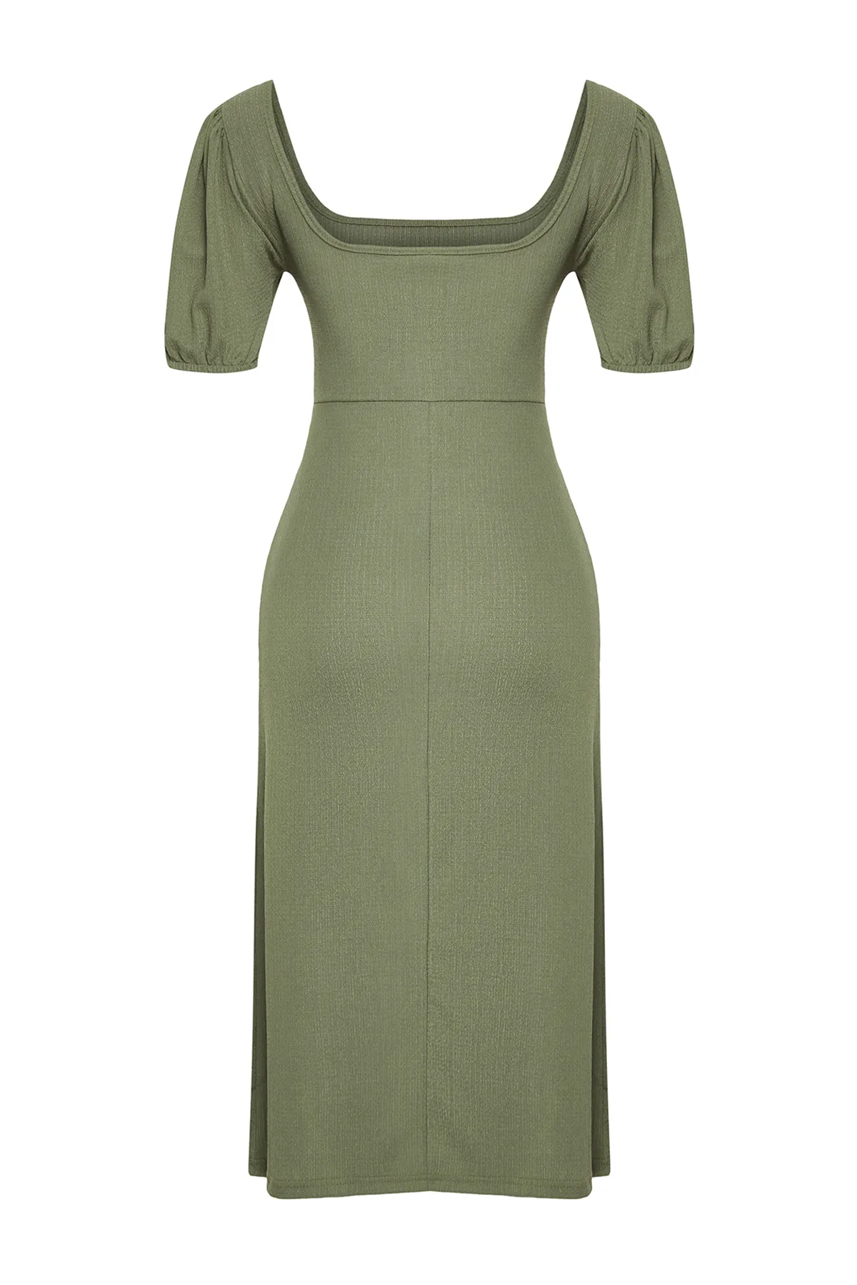 Trendyol Collection  Khakifarbenes A-Linien-Strickkleid mit quadratischem Kragen, Ballonärmeln, Schlitzdetail, Wickel-/strukturiertem Midi-Strickkleid TWOSS23EL01533