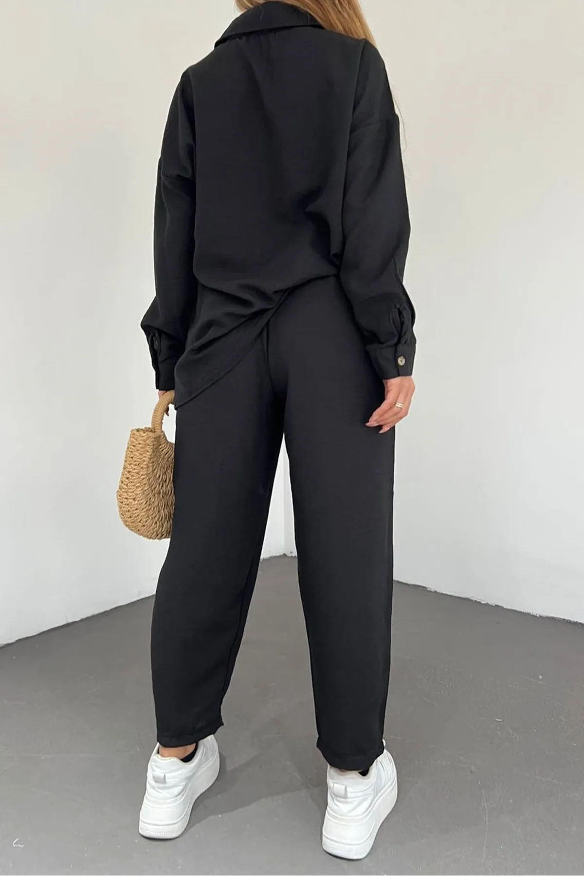 lovebox  Damen-Set aus Leinenstoff mit Taschendetail, Übergröße, doppeltes schwarzes Hemd und Hose, 10277