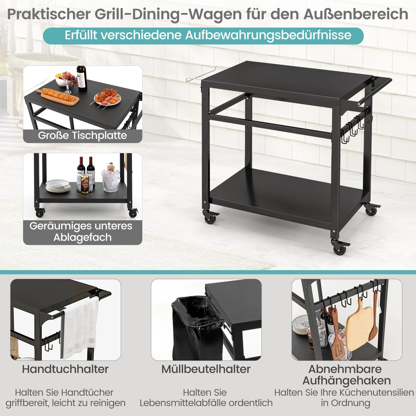 COSTWAY Grillablagetisch, mit 2 Ablagen, 4 Rollen & Haken, 108x50,5x88cm