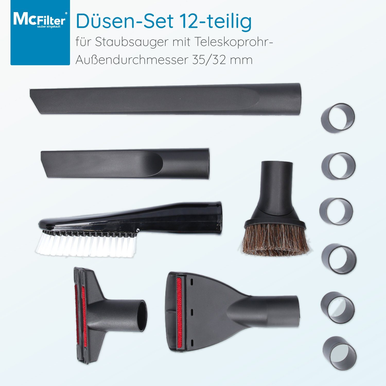 McFilter Staubsaugerdüsen-Set Universal 12-teilig, Zubehör für alle Staubsauger mit 32/35mm Anschlussdurchmesser, inkl. Adapter, (12-tlg), mit Polsterdüse, Fugendüse, Flachpolsterdüse, Möbelpinsel, Möbelbürste