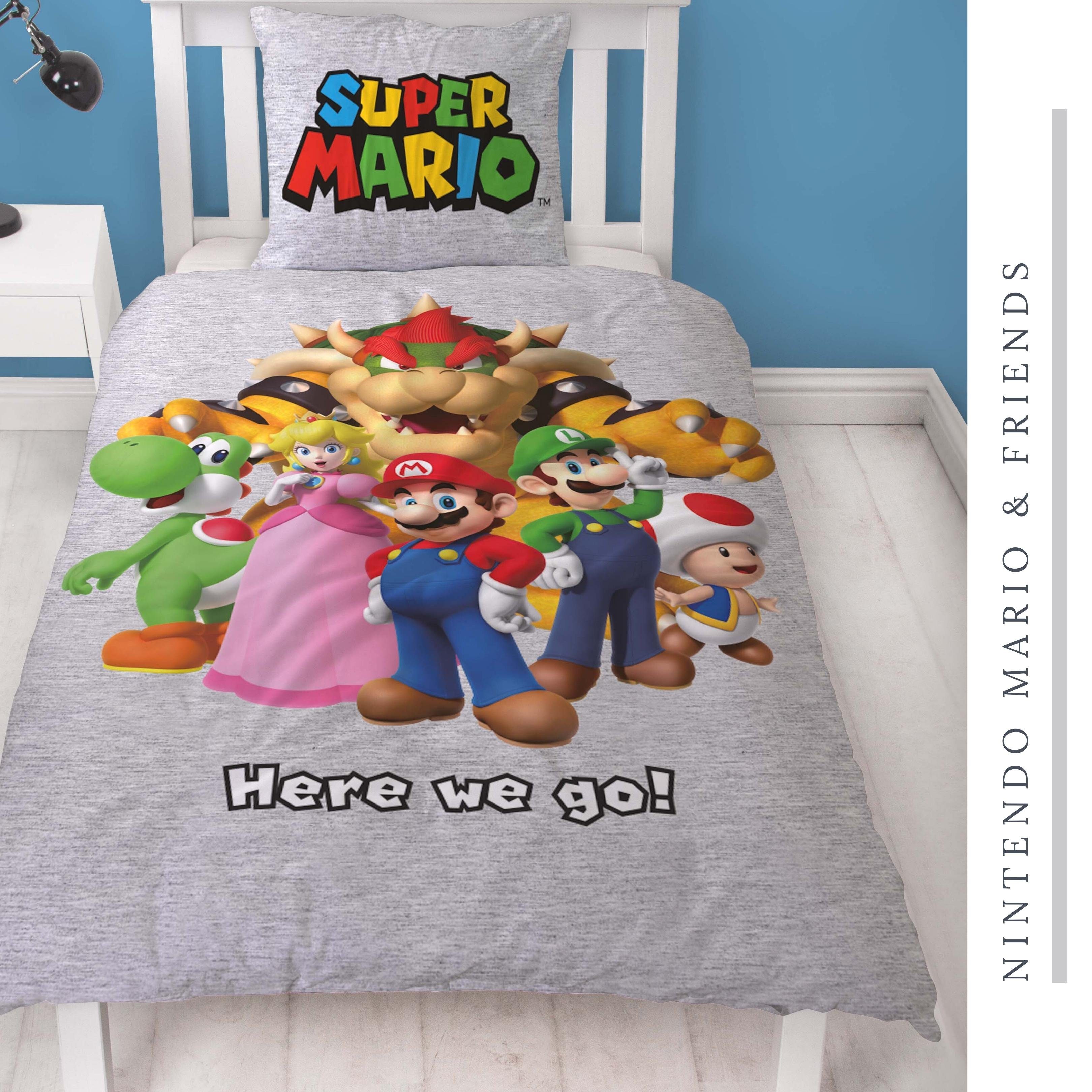 Bettwäsche Super Mario 135x200 + 80x80 cm, 100 % Baumwolle, MTOnlinehandel, Renforcé, 2 teilig, offiziell lizenzierte Nintendo Bettwäsche für Kinder & Teenager
