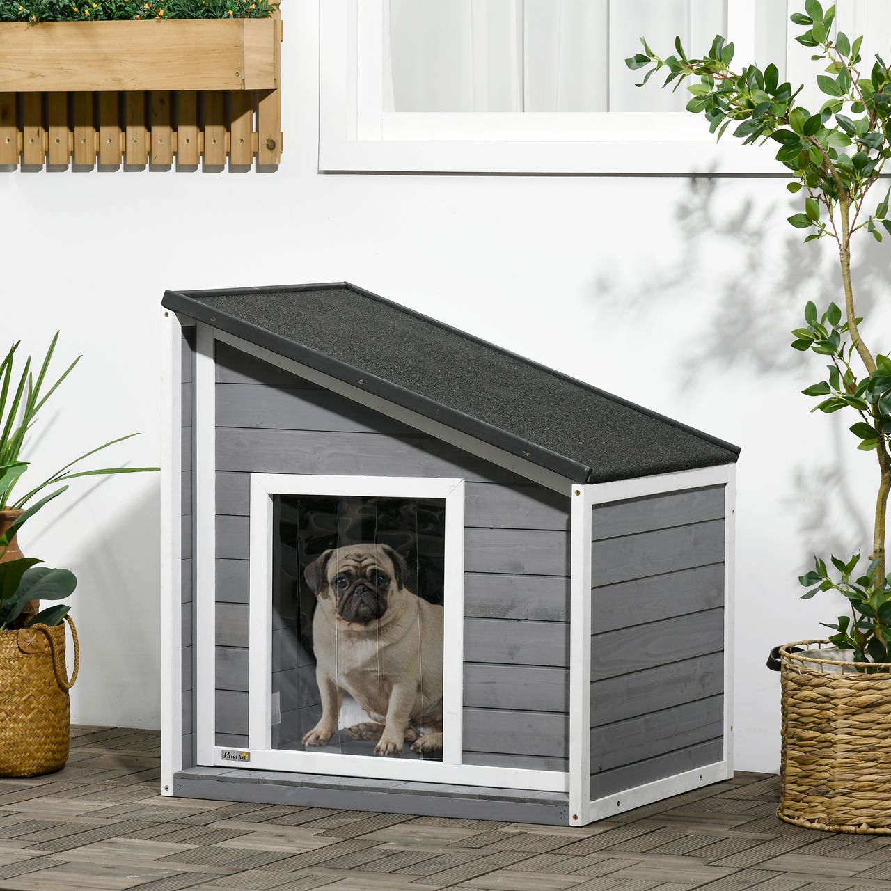 PawHut Hundehütte, Tannenholz, Hundehaus, Kleintierhaus mit Asphaltdach, Outdoor