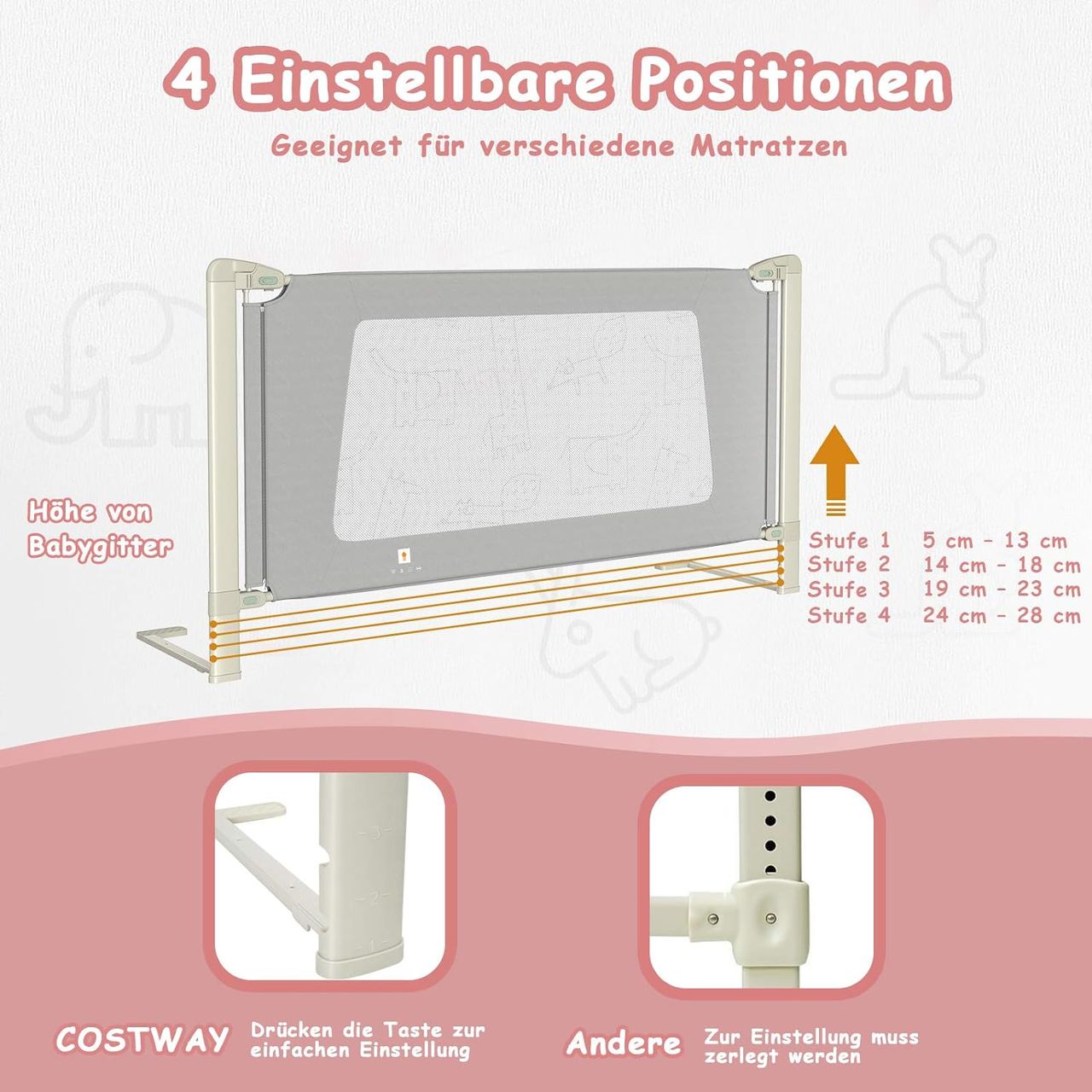 Costway 150/180/200 cm Bettgitter höhenverstellbar