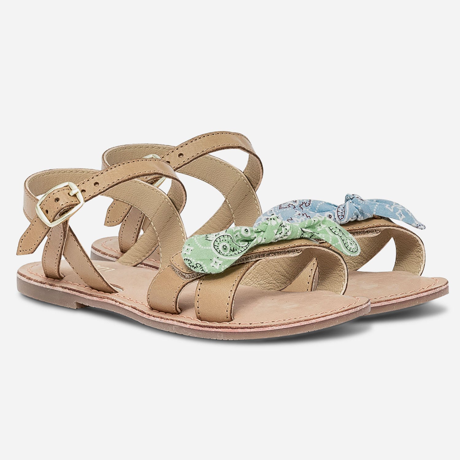 Sandale camel en cuir avec nœuds bandana amovibles