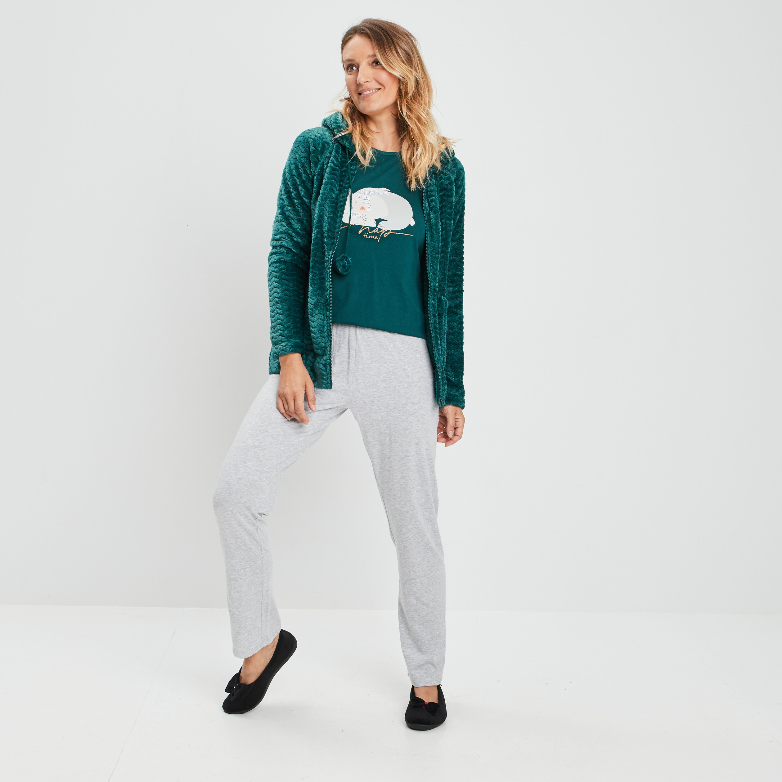 Veste de pyjama plaid à capuche vert foncé femme | La Halle