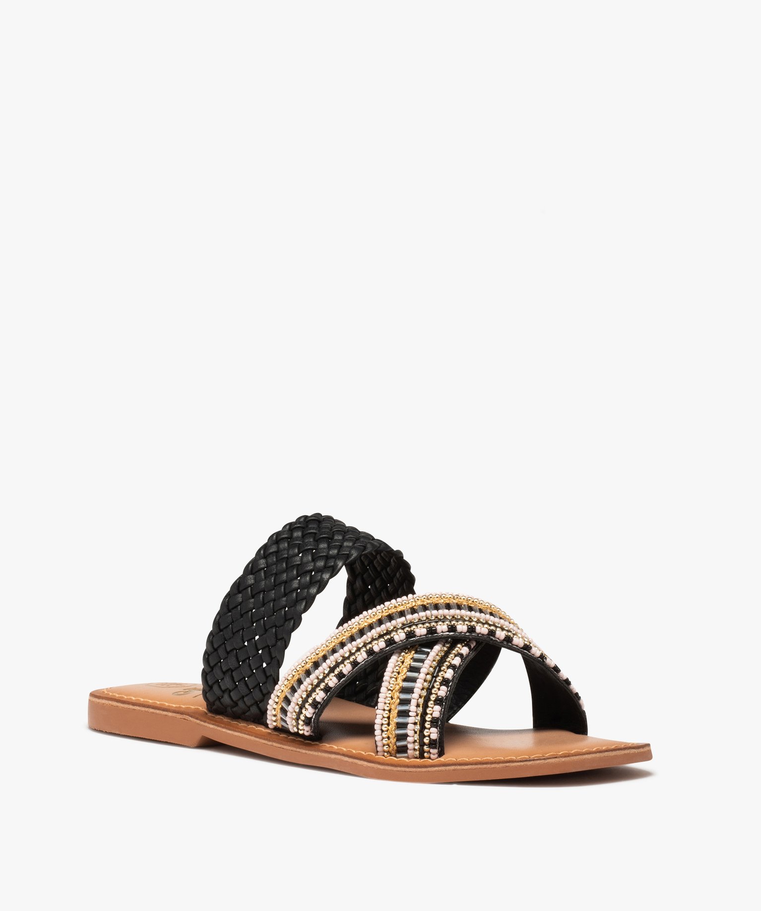 Mules femme à talon plat et brides perlées noir | GEMO