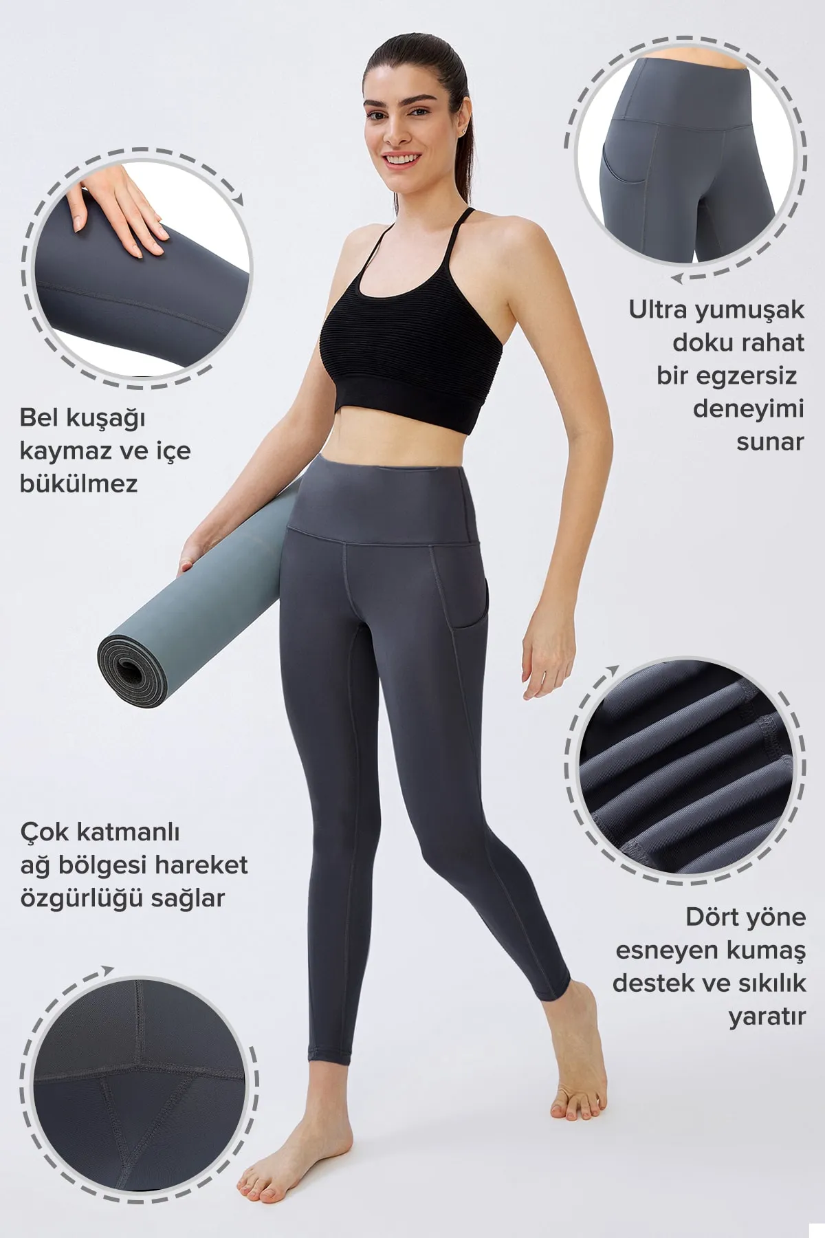 LOS OJOS  Anthrazitfarbene, schlanke Sportstrumpfhose mit hoher Taille und doppelten Taschen für Damen