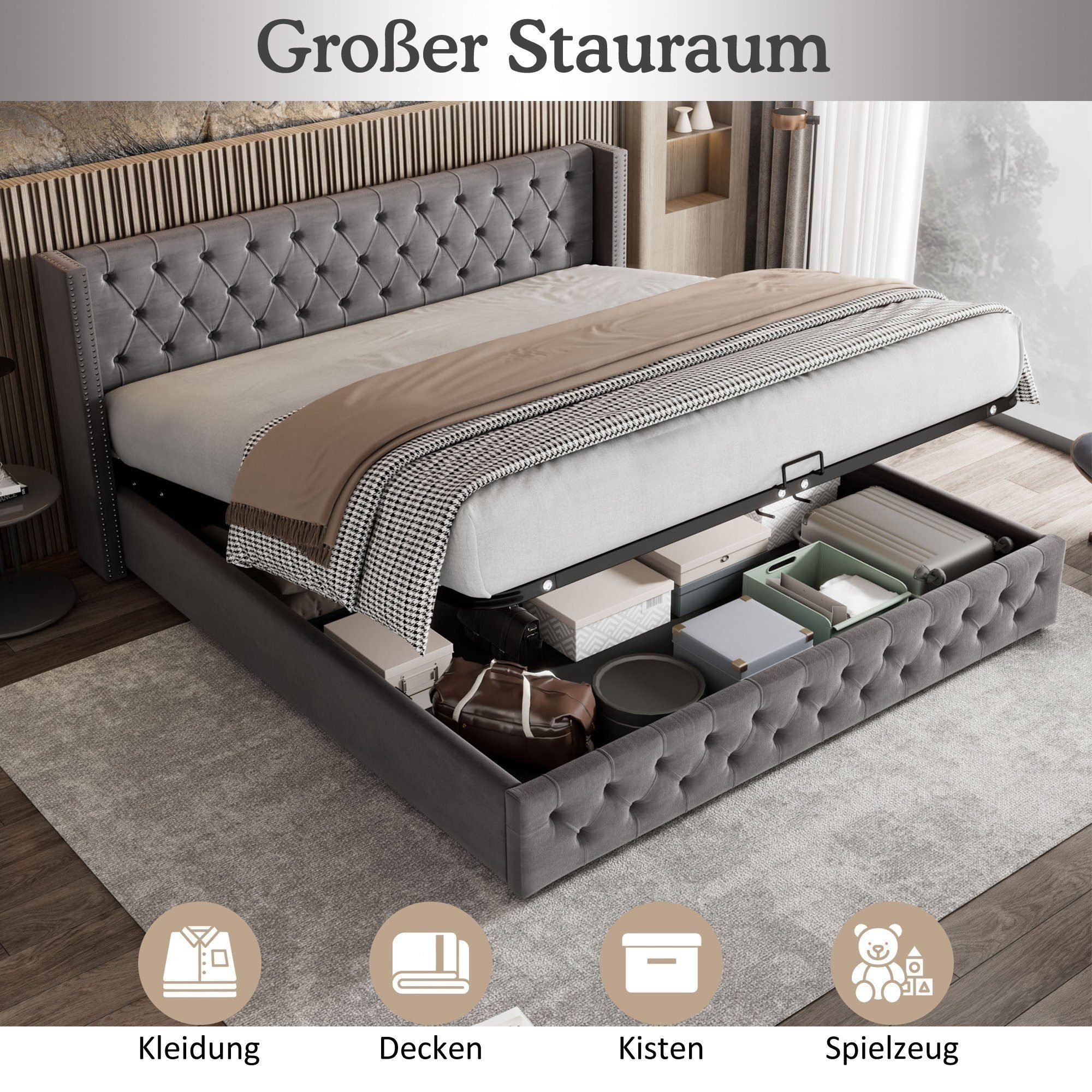 REDOM Polsterbett Doppelbett Stauraumbett (Ohrenform Doppelte Nietenreihe Flanell, Knopfnähte Kopf-und Fußende, Bettunterseite ist mit schmutzabweisenden schwarzen Vliesstoff, Grau), 140x200cm ohne Matratze