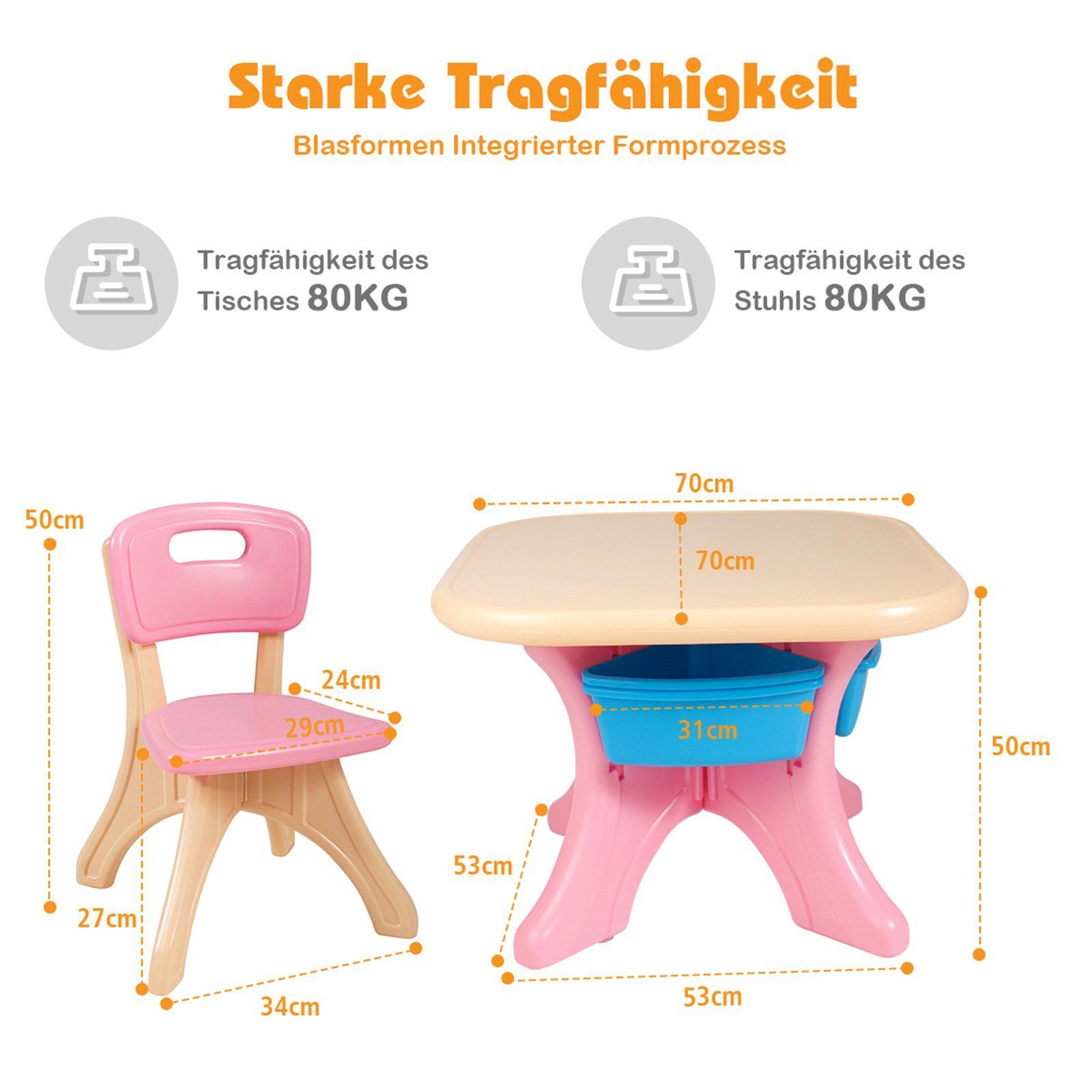 COSTWAY Kindersitzgruppe, mit 2 Stühlen&Kindertisch, mit Stauraum, Kunststoff