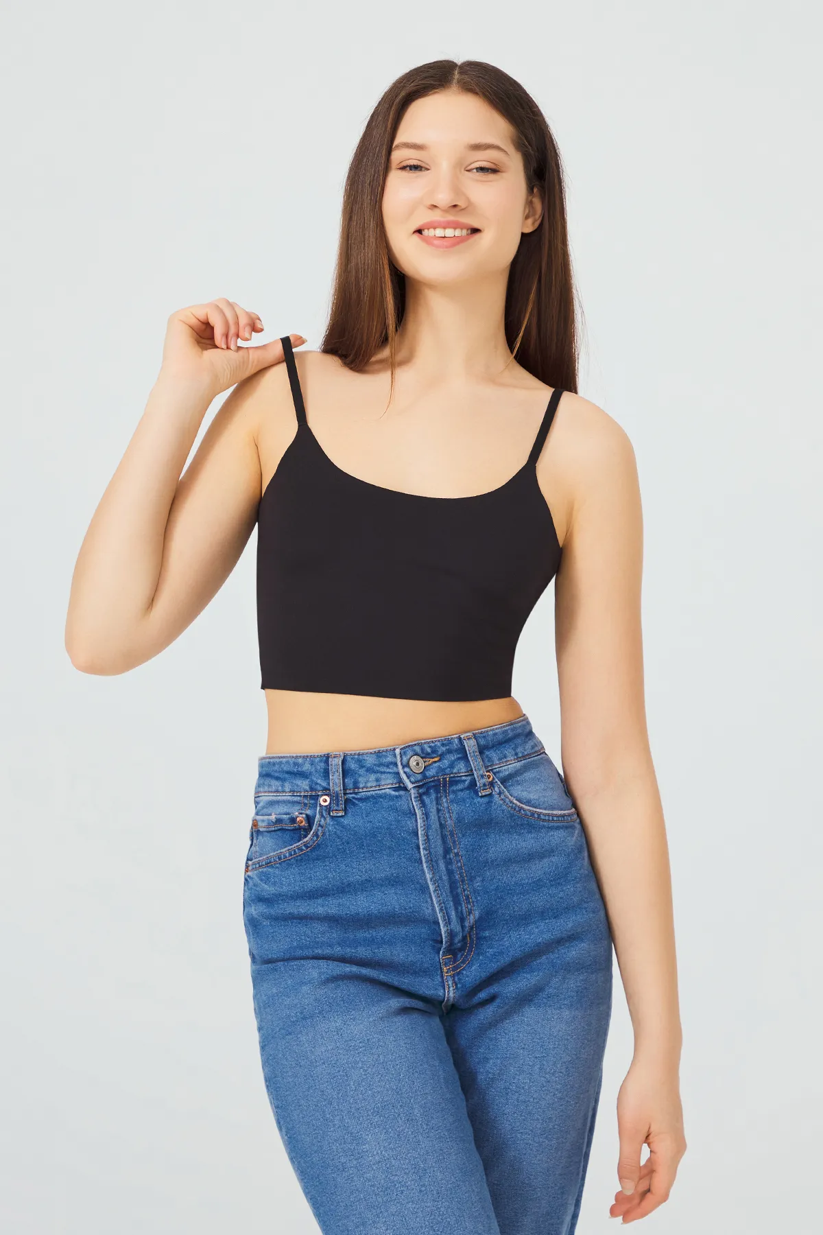 Cottonhill  Schwarzes, verstellbares, dünnes Träger-Laser-Cut-Crop-Bustier für Damen
