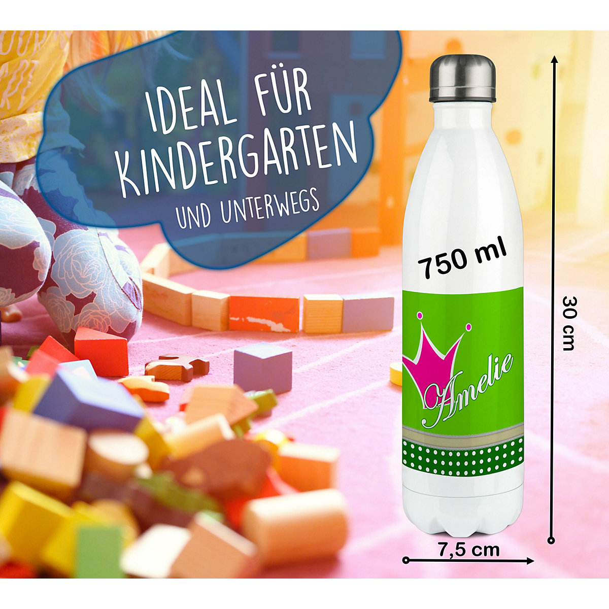 Edelstahl Kinder Thermoflasche / Trinkflasche bunt Krone Farbe pink apfelgrün Spülmaschinenfest, Auslaufsicher, Bruchfest, Doppelwandig, Für Heißgetränke geeignet, Mit Deckel, Isoliert