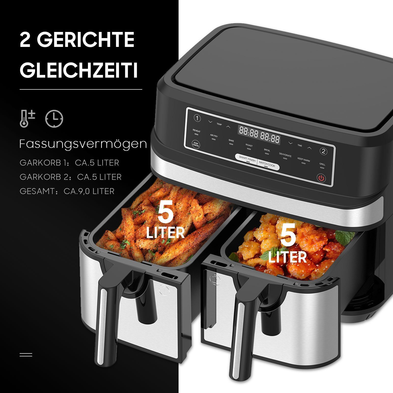Senmudi Heißluftfritteuse 10L Heißluftfritteuse mit Doppelkammer, XXL Airfryer mit 8 Programmen, 2600,00 W, Sync Finish Funktion, ohne Öl, Digitalem LED-Touchscreen