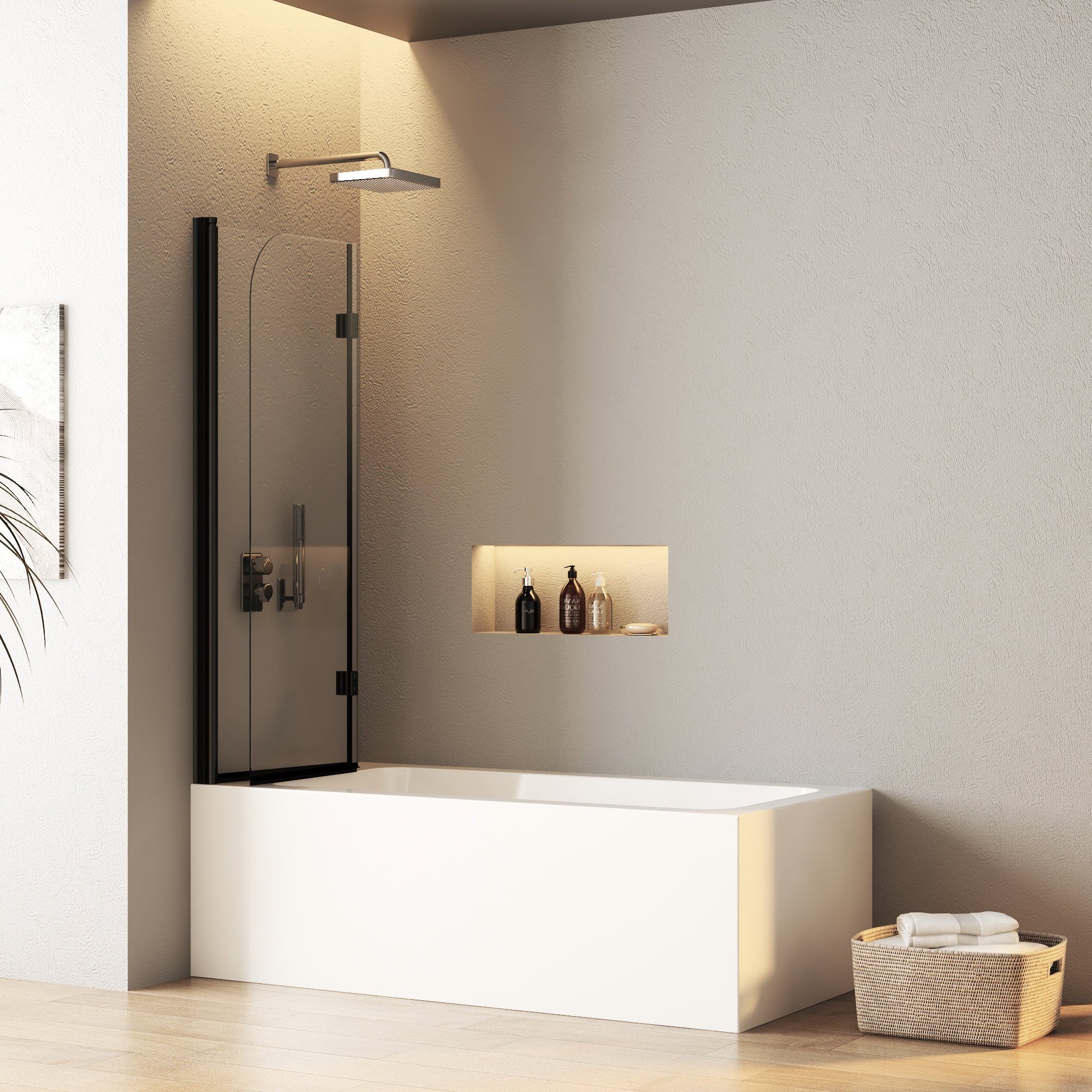 Boromal Badewannenfaltwand Duschtrennwand für Badewanne 100cm 2-teilig Falttür 6mm ESG NANO 140H, Einscheibensicherheitsglas; beidseitiger Nano Beschichtung, hochwertiger glatter Aluminiumrahmen, Hebe-Senk-Mechanismus