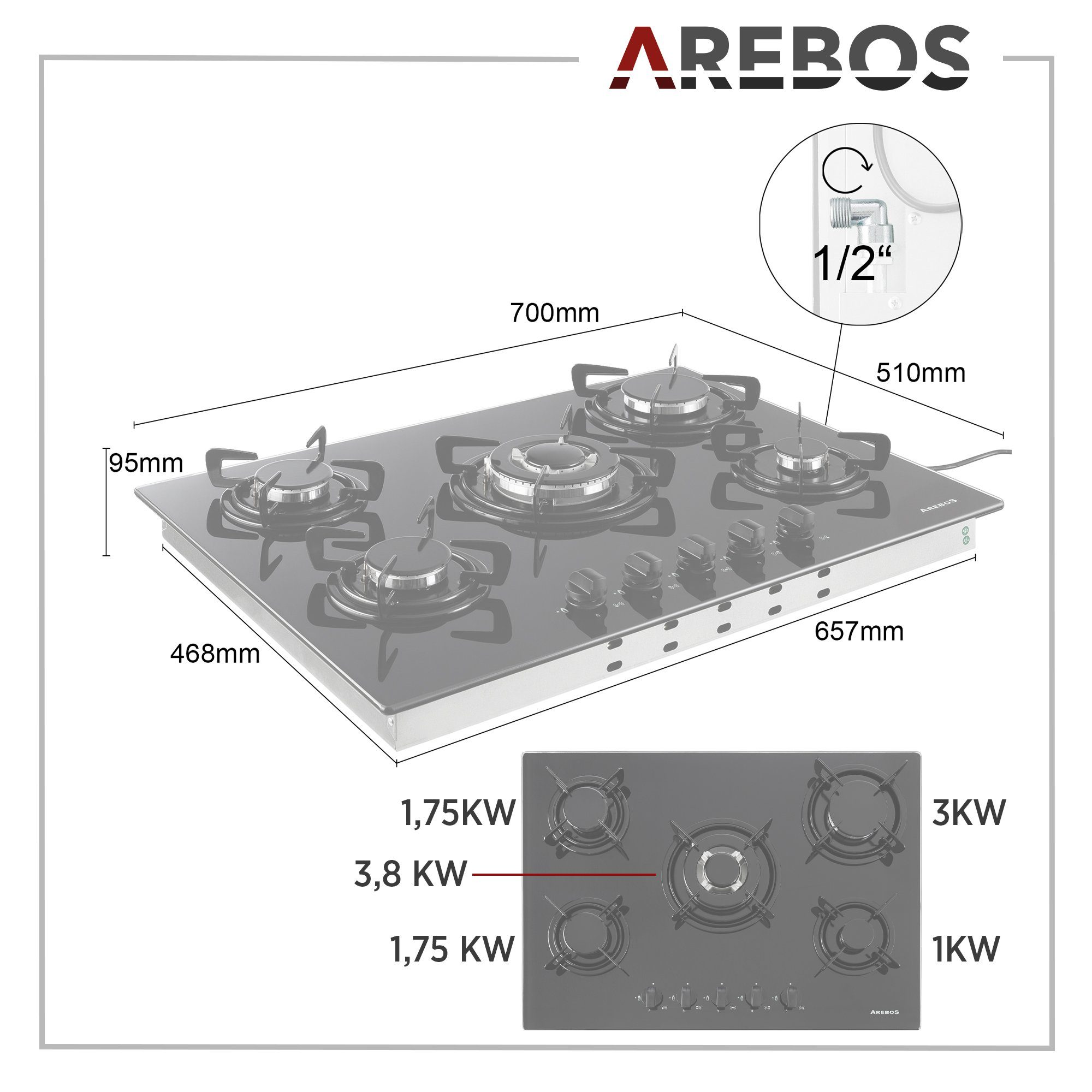 Arebos Gas-Kochfeld Gasherd AR-HE-GH70CM, Geeignet für Erdgas oder Propangas, Gasherd, Gaskocher