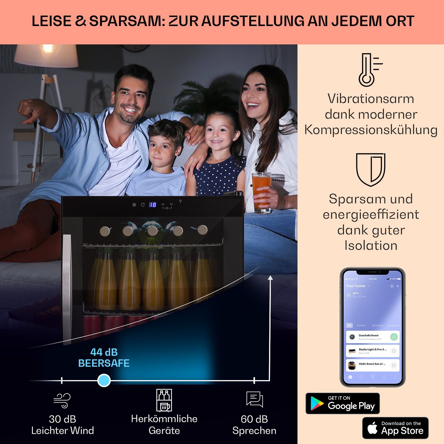 Klarstein Getränkekühlschrank HEA-Coachella50-OX 10034822A, 51 cm hoch, 47.5 cm breit, Bierkühlschrank Getränkekühlschrank Flaschenkühlschrank mit Glastür