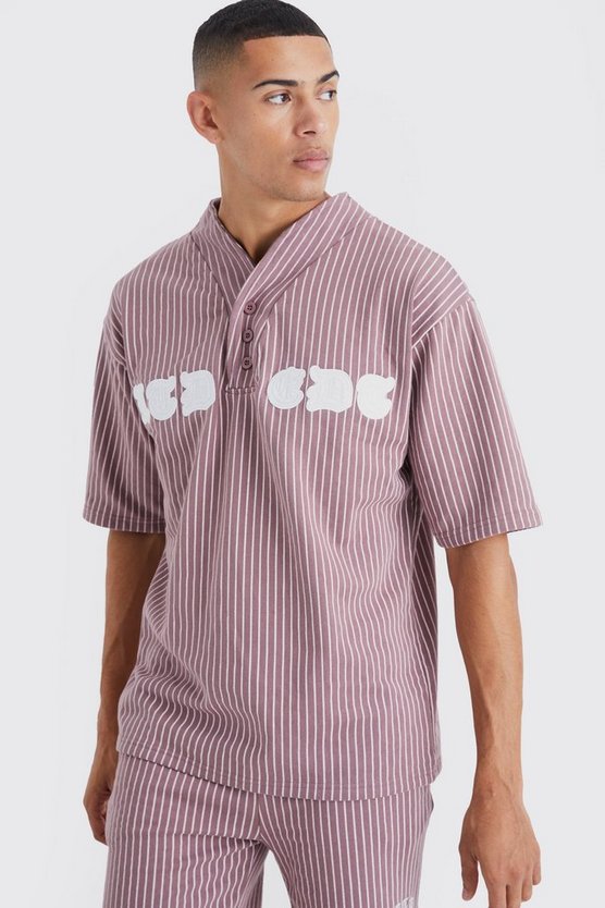 Oversize Nadelstreifen Baseball-Poloshirt & Shorts