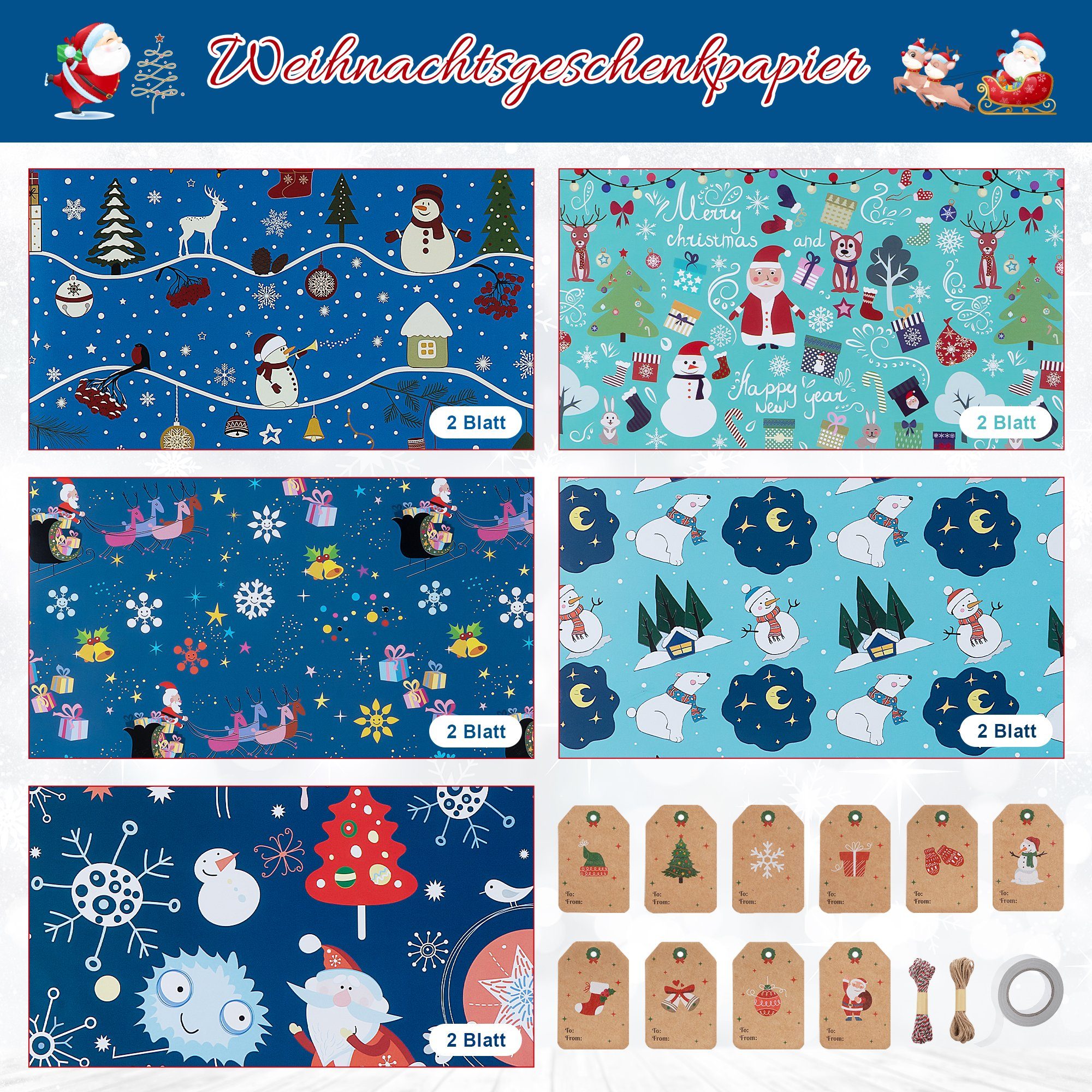 Homewit Geschenkpapier 10 Rollen Verpackungspapier, für Geburtstag, Urlaub, Babyparty, Ostern, Weihnachten Geschenkpapier