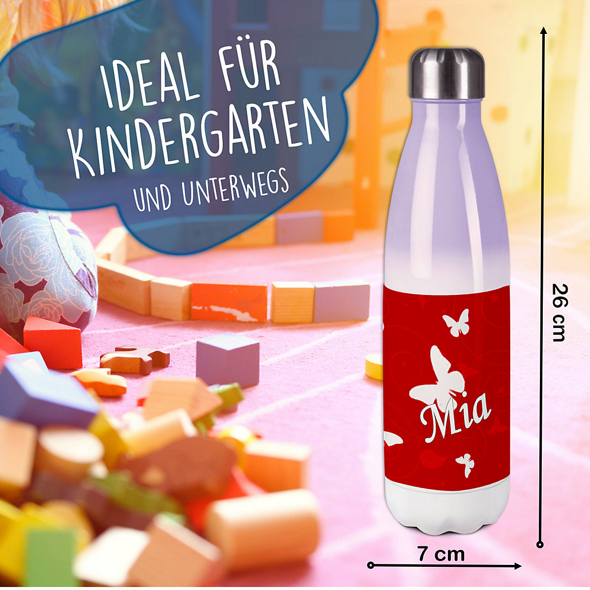 Edelstahl Kinder Thermoflasche / Trinkflasche bunt Schmetterling Ornamente Farbe rot Spülmaschinenfest, Auslaufsicher, Bruchfest, Doppelwandig, Für Heißgetränke geeignet, Mit Deckel, Isoliert